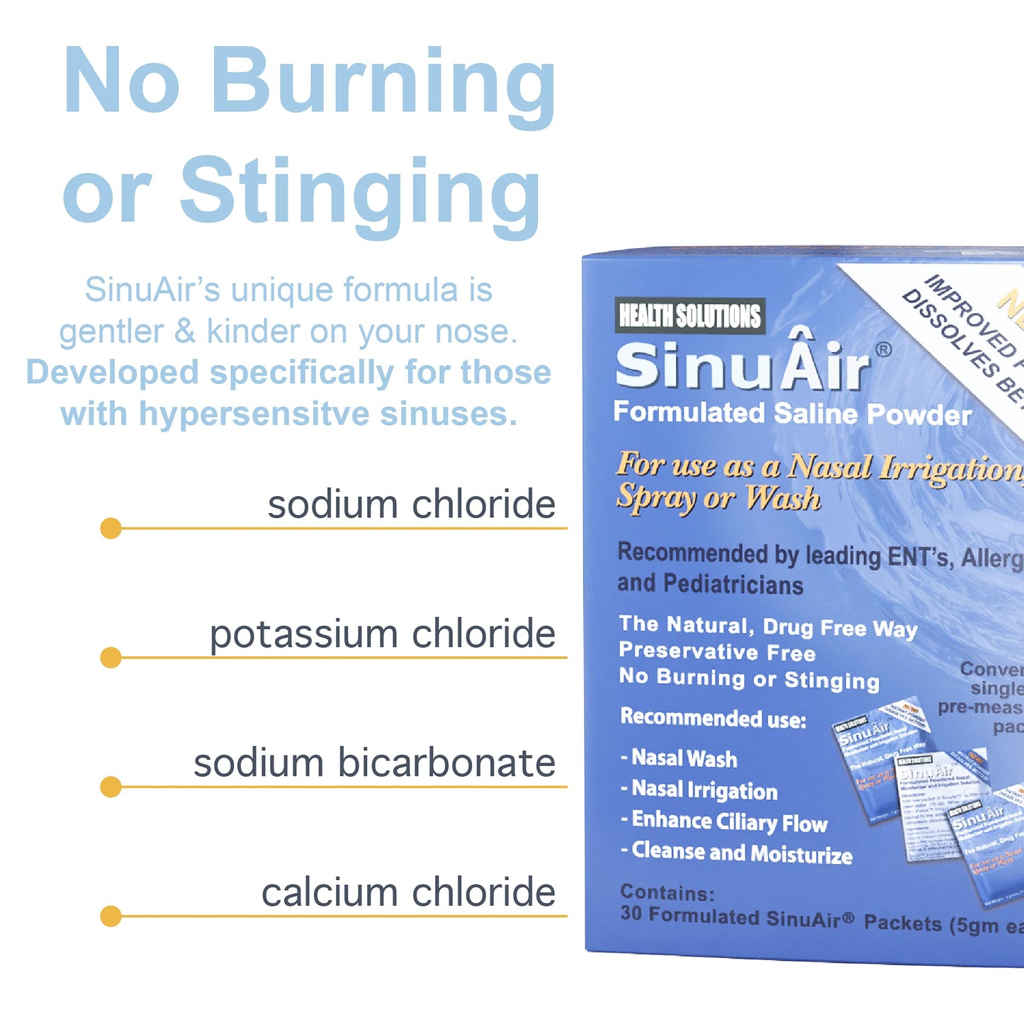 SinuAir Sinus Rinse Salt Solution - Saline Powder for SinuPulse System, Neti Pot Flush, Nasal Wash Squeeze Bottle, & Nose Irrigation, Enhanced Formulation & Cleaning for Sinuses, 180 Packets
