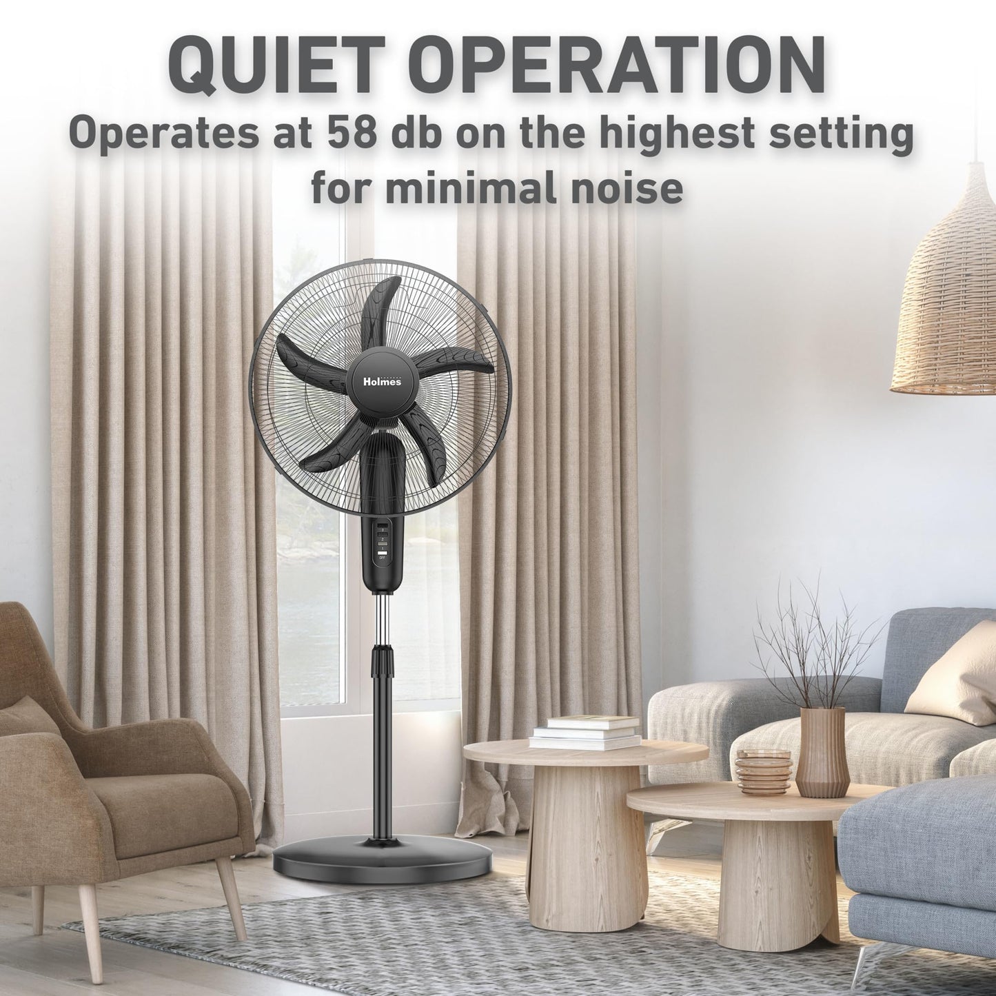 Holmes 18 Inch Oscillating Stand Fan 3 Speed Powerful Airflow Adjustable Height 30 Degree Tilt Wide Angle Cooling Quiet Operation for Bedroom Living Room Home Office Gym Black