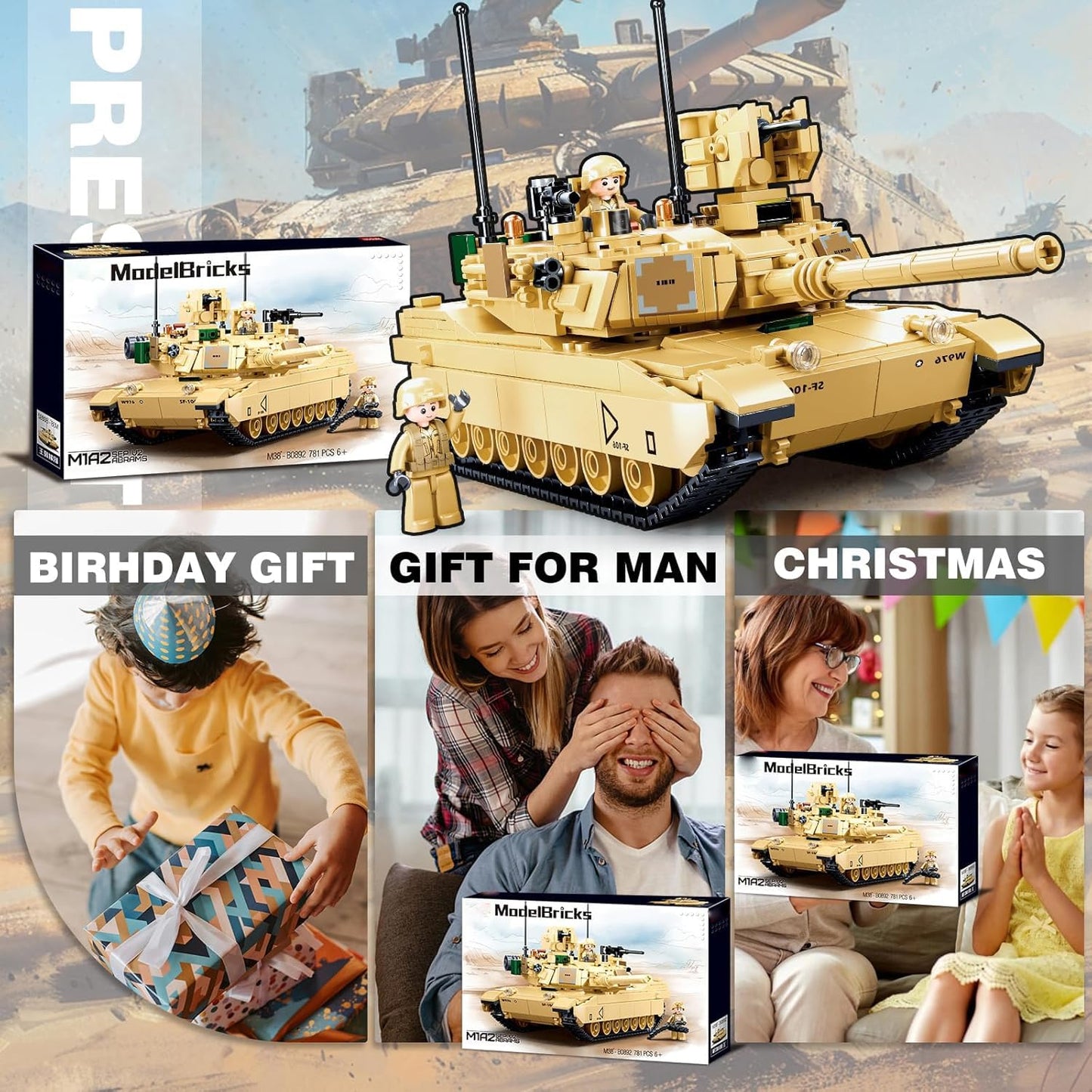 WW2 Army Tank M1A2 Main Battle Tank Military Model Toy Kits, Inspired M1A2 Abrams Brick Building Set, Including 2 Soldier Minifigures, Gifts for 6-12 Year Old Kids, Compatible with Lego, 781 PCS1