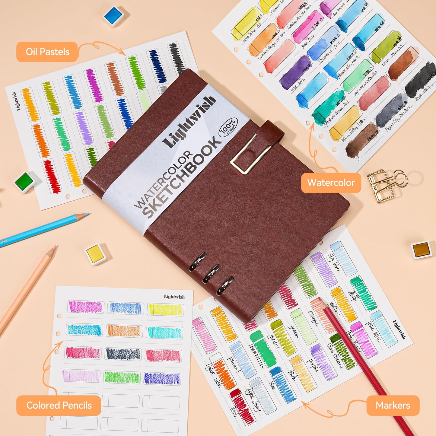 Lightwish Watercolor Swatch Book - 20 Detachable 100% Cotton Sheets 24 Spaces,5.8 * 8.2 in,300gsm/140lb Hot Press for Watercolor, Gouache, Oil Pastels - Loose-Leaf Binder Color Testing Journal