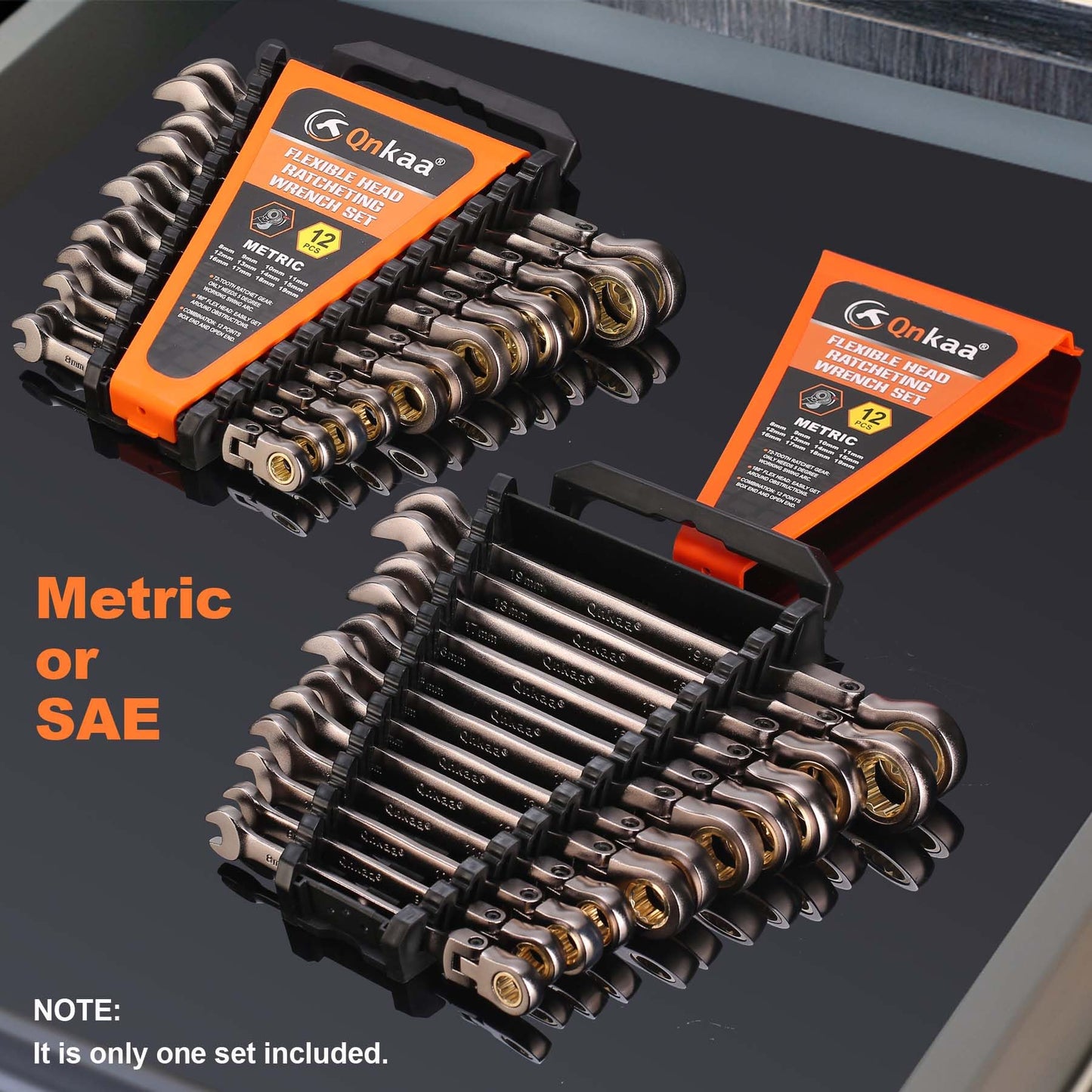 Qnkaa Flexible Ratcheting Wrench Set 12pcs Metric 8-19mm Flex-Head Spanner Gear Ring Ratchet Combination Wrenches Kit with Portable Organizer