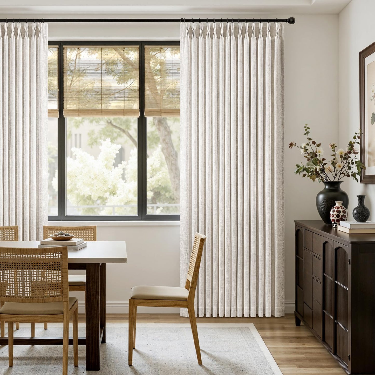 MIULEE Pinch Pleated Thick Linen Curtains 96 Inches Long 2 Panels for Living Room Bedroom, Memory Trained Pleat Drapes Light Filtering Natural Birch Semi Sheer Window Curtains Hooks Rings Back Tab