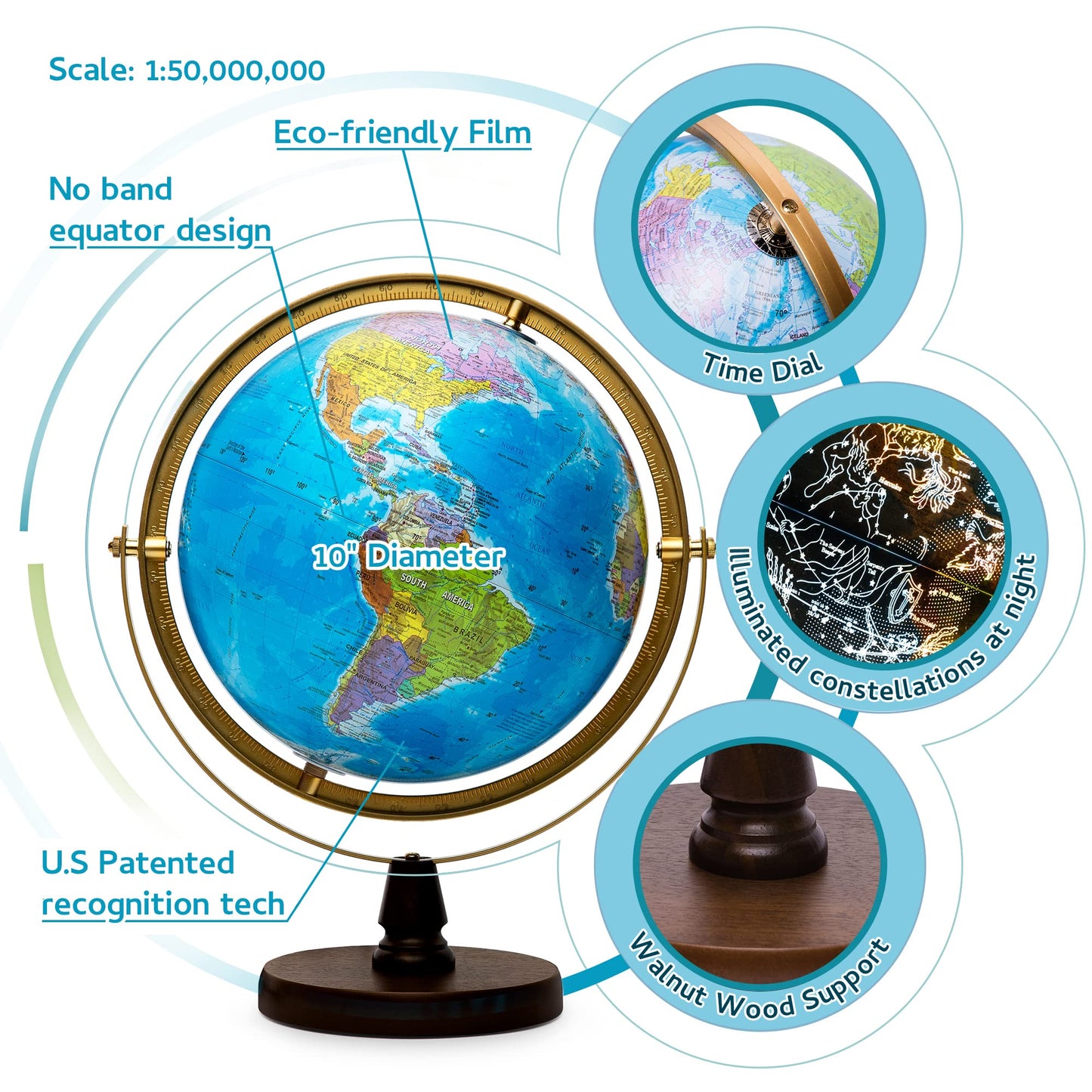 SJSMARTGLOBE with Interactive APP & LED Illuminated Constellations at Night, US-Patented STEM education 10" World Globe with Detailed map