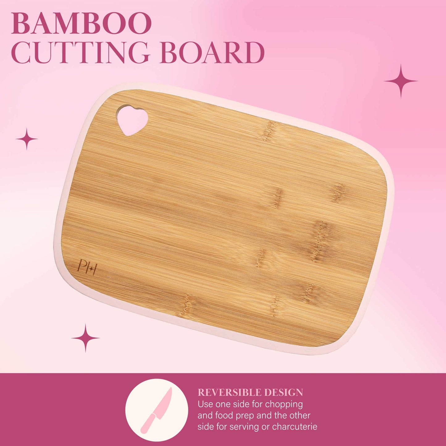Paris Hilton Bamboo Cutting Board for Kitchen, Reversible Cutting Board and Cutlery Set with High Carbon Stainless Steel Knives and Blade Guards, Comfortable Handle Grips, 7-Piece Set, Gold and Pink