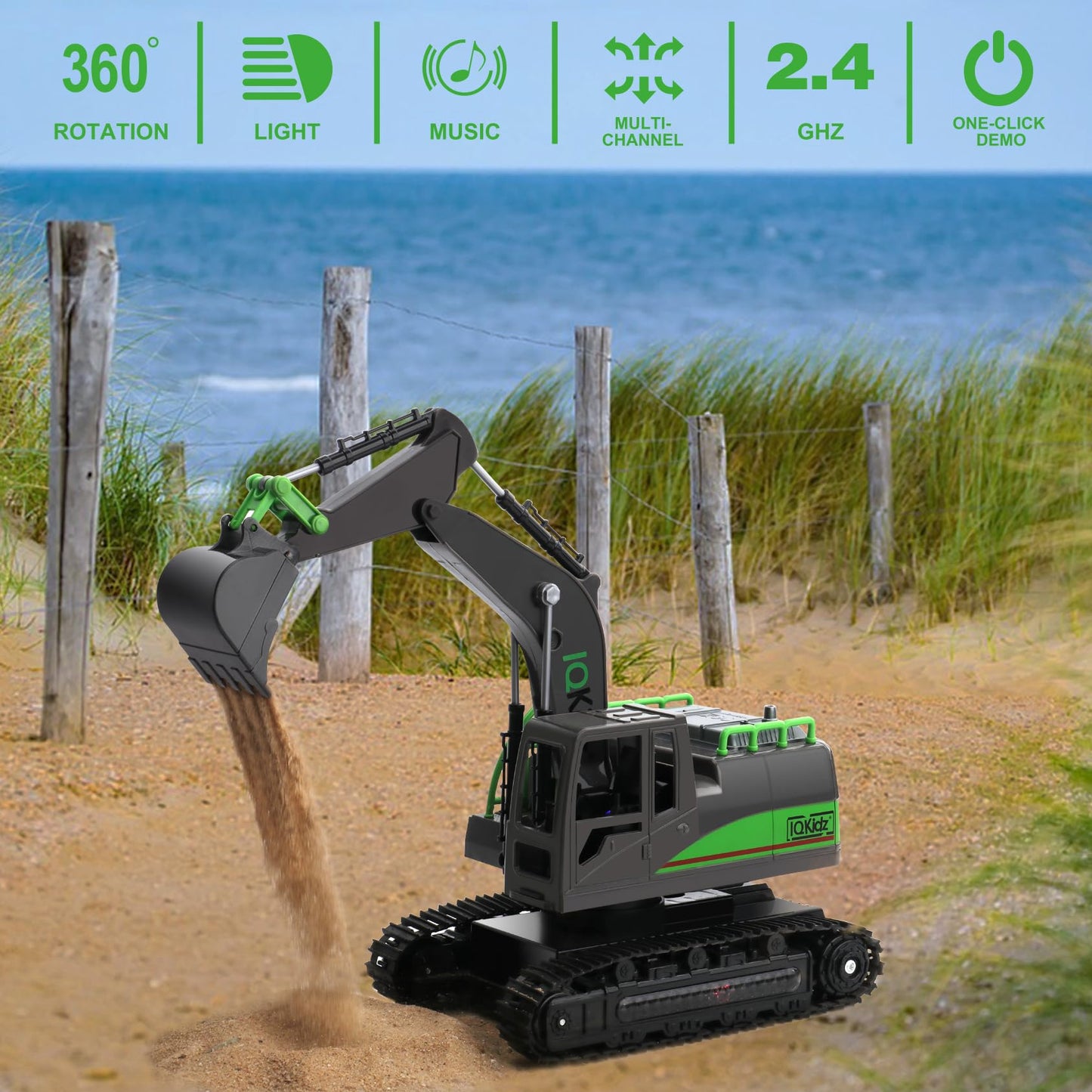 IQKidz Remote Control Excavator Toys for Boys 4-7 Yrs Old - Best Birthday for Kids 3 5 8 9 10+, Metal Shovel Construction Vehicles with Light Sound, 2.4G Rechargeable RC Tracked Digger