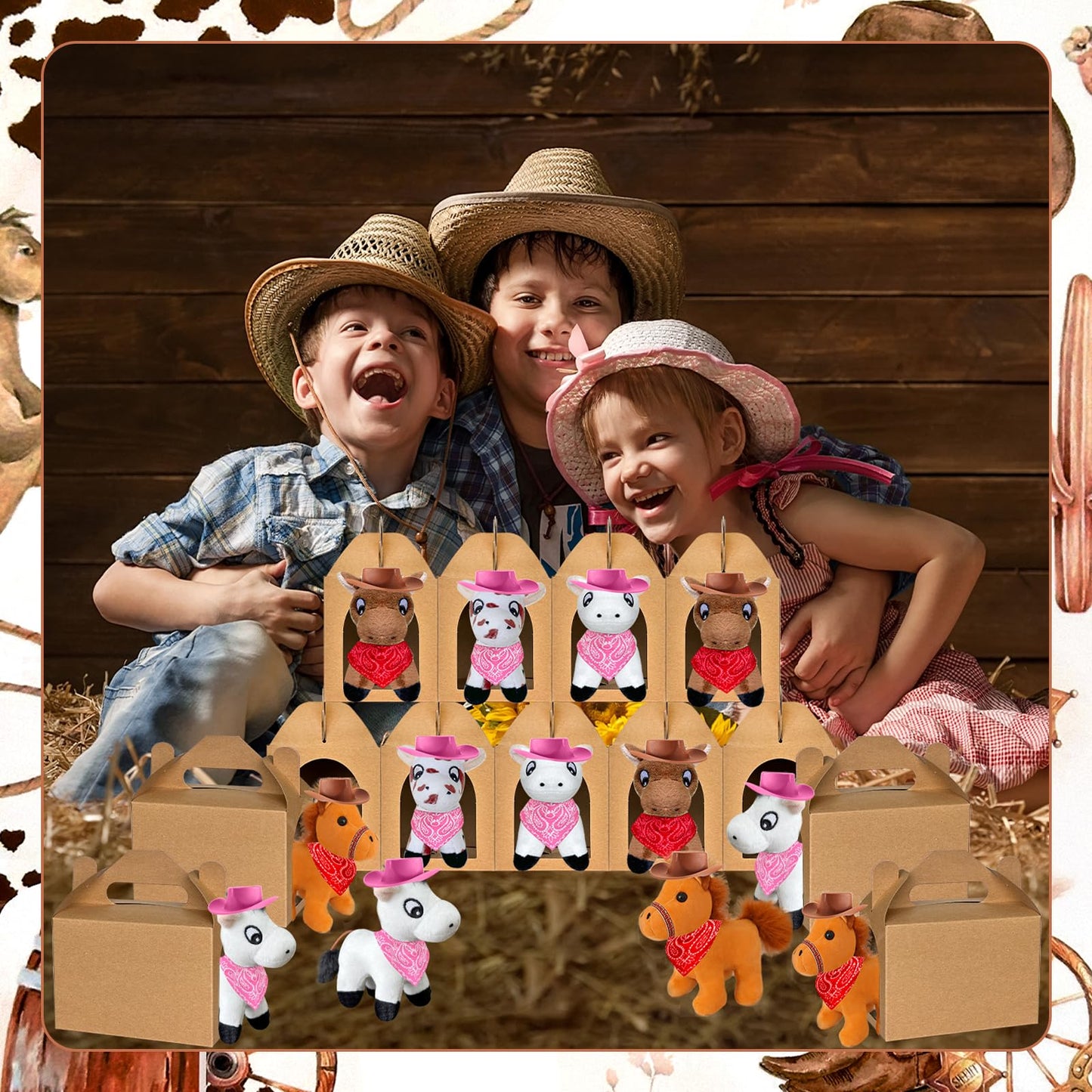 Jiytivity 48 Pcs Adopt a Horse Animal Party Favors Include 12 Mini Stuffed Horse 12 Boxes 12 Hats 12 Scarves for Adopt a Grassland Animal Party Favor Pet Birthday Supply Gifts