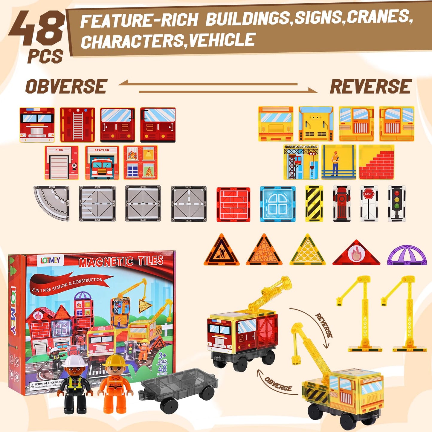 Magnetic Tiles Road Set with 2 Cranes & Double-Sided Magnet Tiles,Boys Toys for Ages 3-5 5-7 8-12,STEM Magnetic Building Construction Toys Include Car,Stations,Dolls,Roads,Signs,Gifts for 3+ Kids