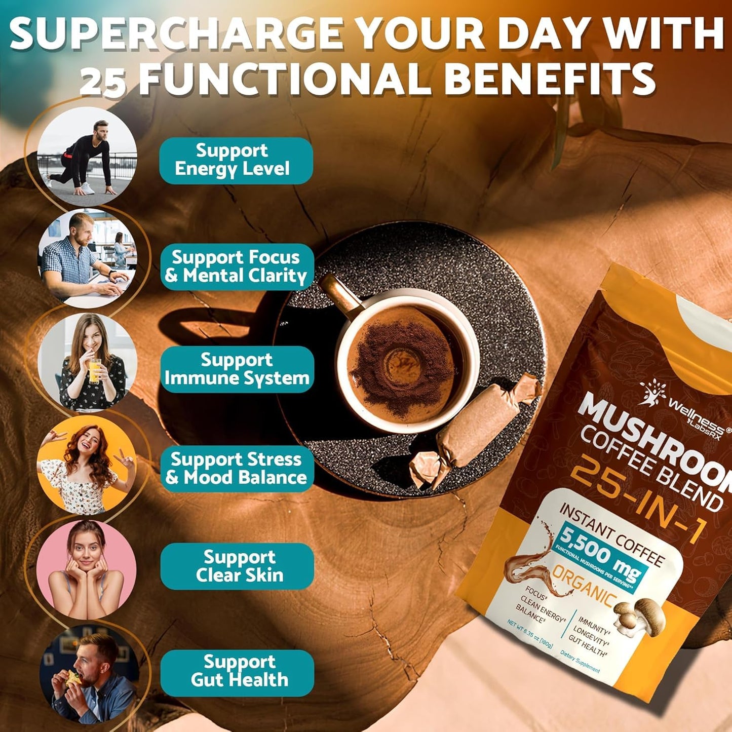 Mushroom Coffee Organic Instant Coffee, 25-in-1, Third-Party Tested Keto Friendly Lions Mane Supplement with Functional Mushrooms – Shiitake, Reishi, Lion’s Mane & More | Smooth, Rich Flavor - 90 Servings (Pack of 2)