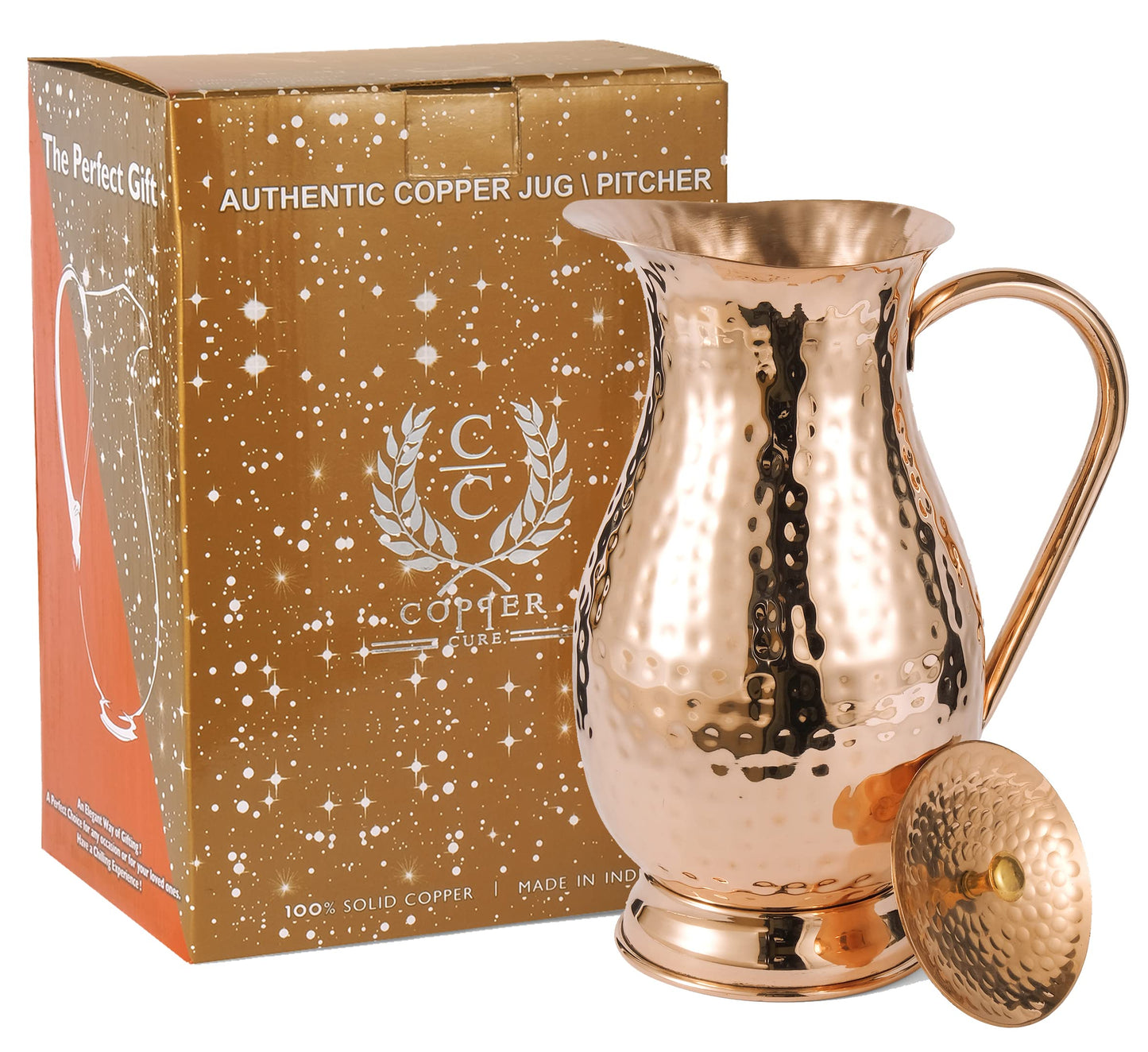 Pure Copper Pitcher with a Lid, Large Size Solid Handcrafted Copper Water Hammered Jug, Capacity 70 Oz/2000ml, Copper Carafe For Home, Hotels & Gifting