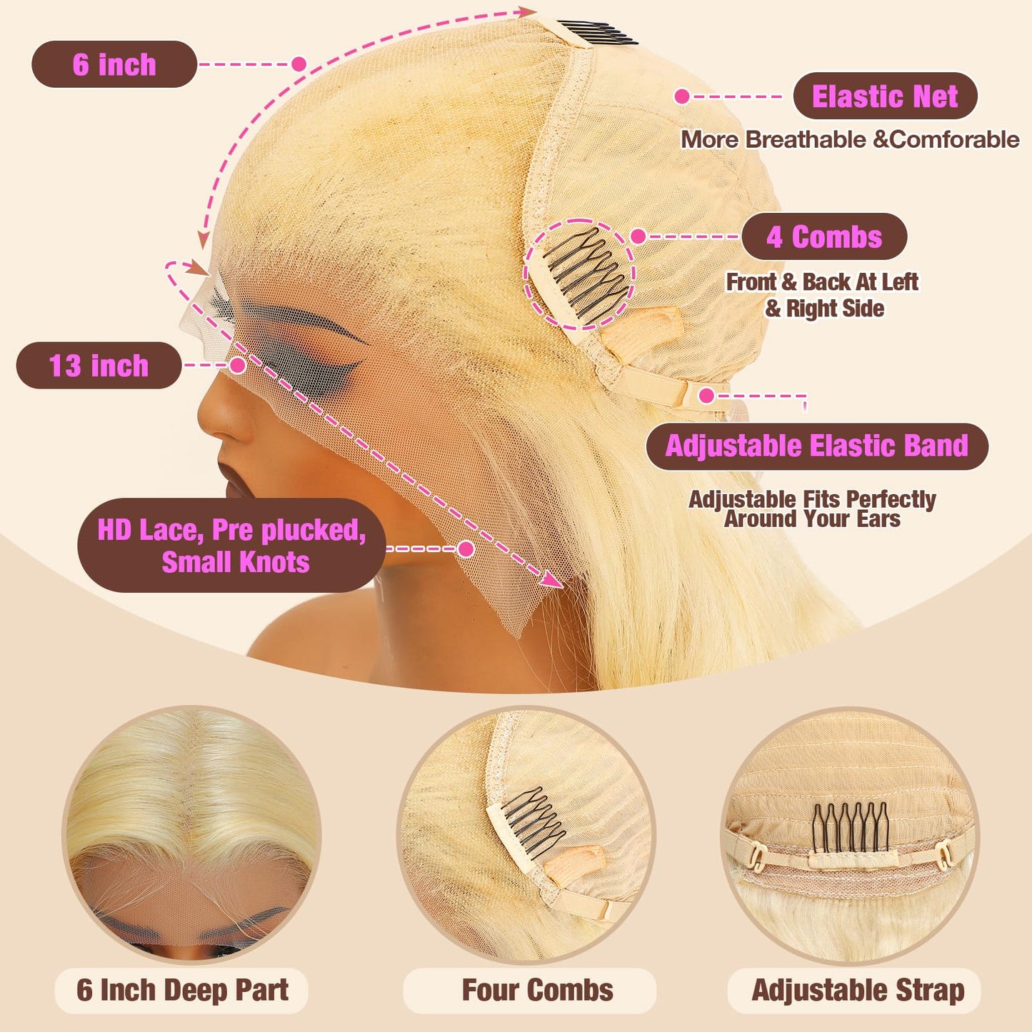 NKMR 613 13x6 Lace Front Wig Human Hair Blonde Wig Human Hair 180 Density HD Transparent Body Wave Lace Front Wigs Pre Plucked with Baby Hair(28Inch)