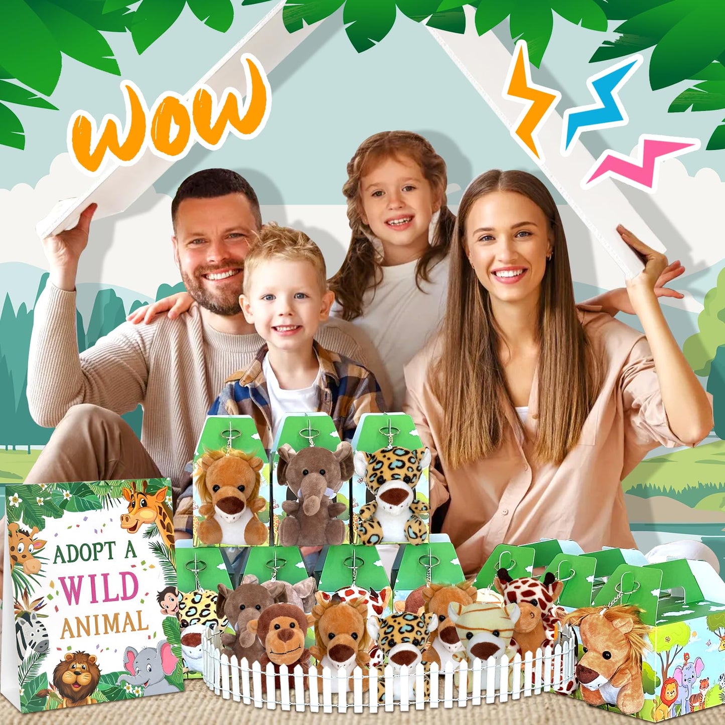 38 Pcs Safari Jungle Party Favors Include 12 Foldable Paper Boxes 12 Forest Mini Stuffed Animals 12 Adoption Cards 1 Adoption Signs 1 Fence for Jungle Party Supplies Adopt A Jungle Animal Favors