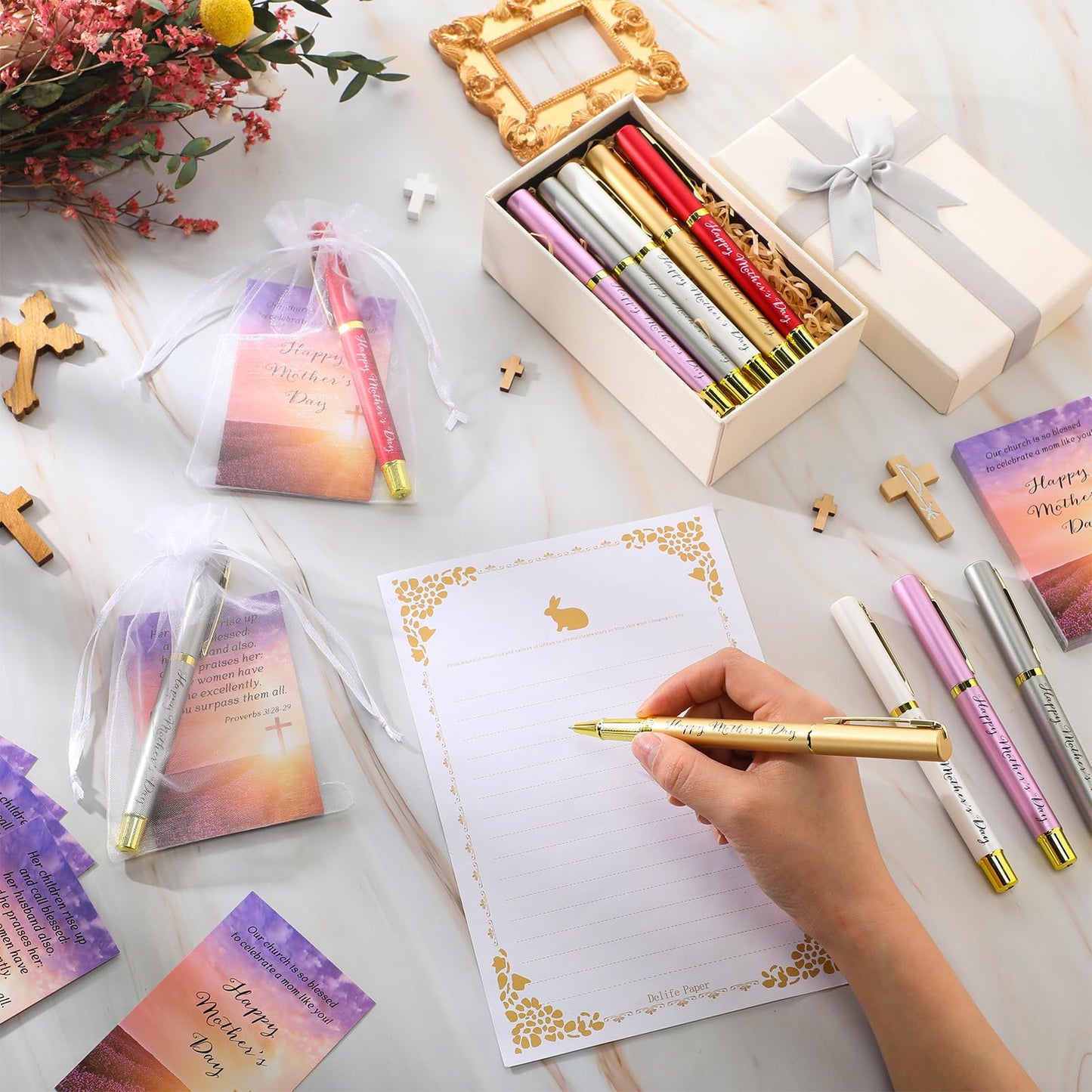 Tellingyou 75 Sets Mother's Day Church Gifts Bulk Included Happy Mother's Day Pens Inspirational Religious Cards Bible Verse Cards and Organza Bags for Women Church Members Christian Gift, 5 Colors