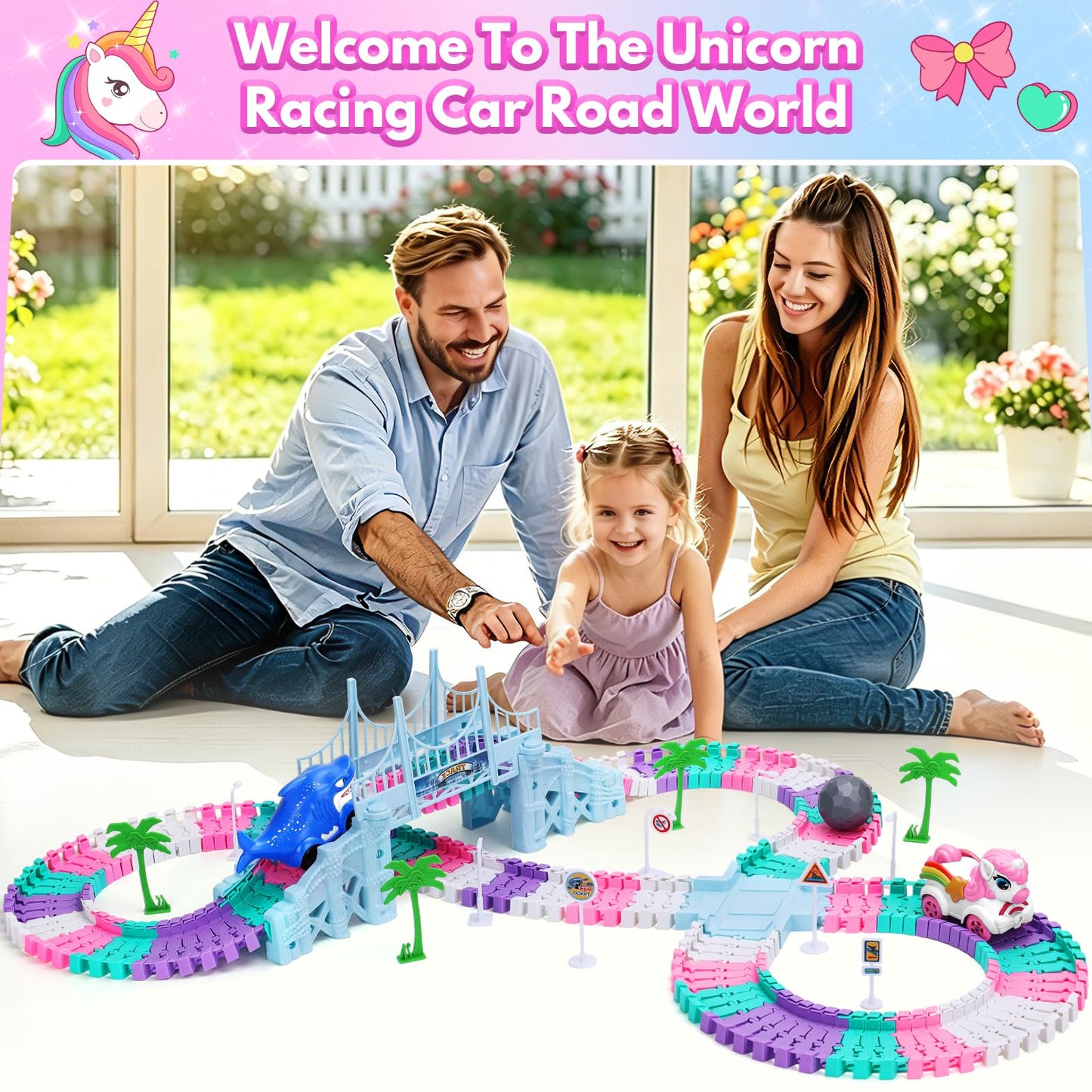 Kids Toys for 3 4 5 Year Old Girls Gifts: 194PCS Unicorn & Shark Flexible Race Track Set | Toy Car Track for Toddler Girl Toys Age 3-6 | Race Track for 5 Year Old Girl Birthday Gift Ideas