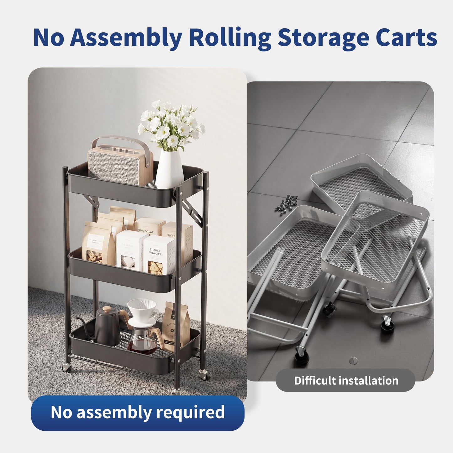 JAQ No Assembly Required Under Desk Rolling Cart, 3-Tier Foldable Metal Utility Cart, 26.8" Low Profile Storage Cart with Wheels, 10" Narrow Small Space Organizer, Black