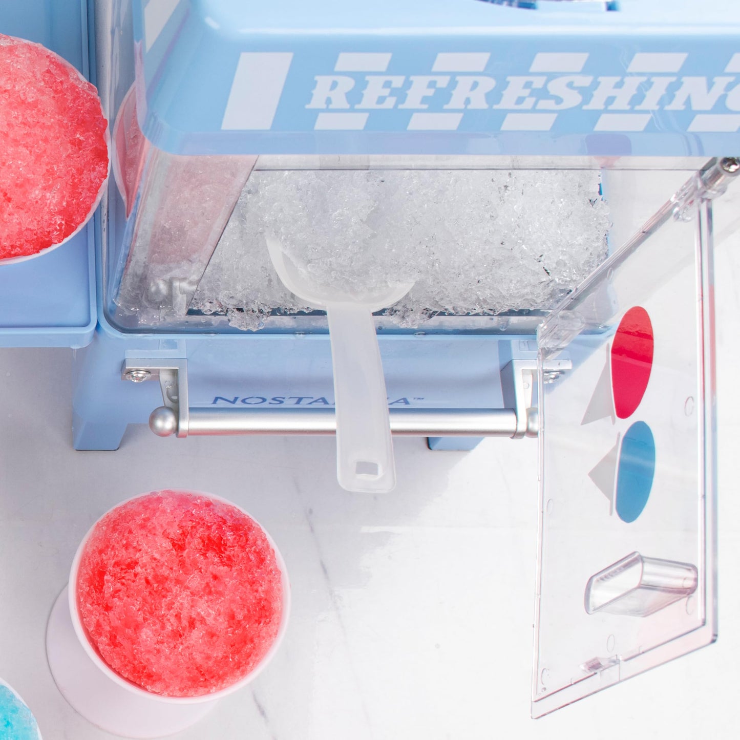 Nostalgia Snow Cone Machine – Retro Table-Top 8 Oz Snow Cone Maker Makes 20 ICY Treats– Countertop Slushie Machine Includes 2 Reusable Plastic Cups & Ice Scoop-Vintage Blue