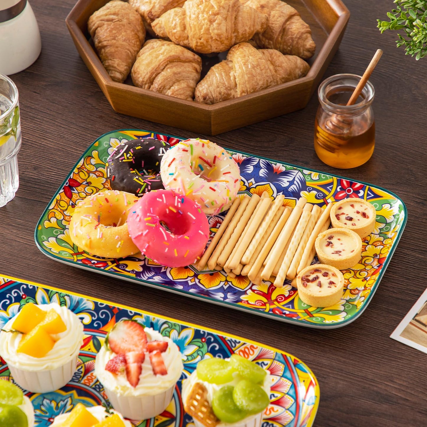 vancasso Serving Platters Set of 3, 16"/14"/12" Inch Rectangular Trays - Extra Large, Ceramic Bohemian Serving Dish for Entertaining Food, Microwave & Dishwasher Safe, Vintage
