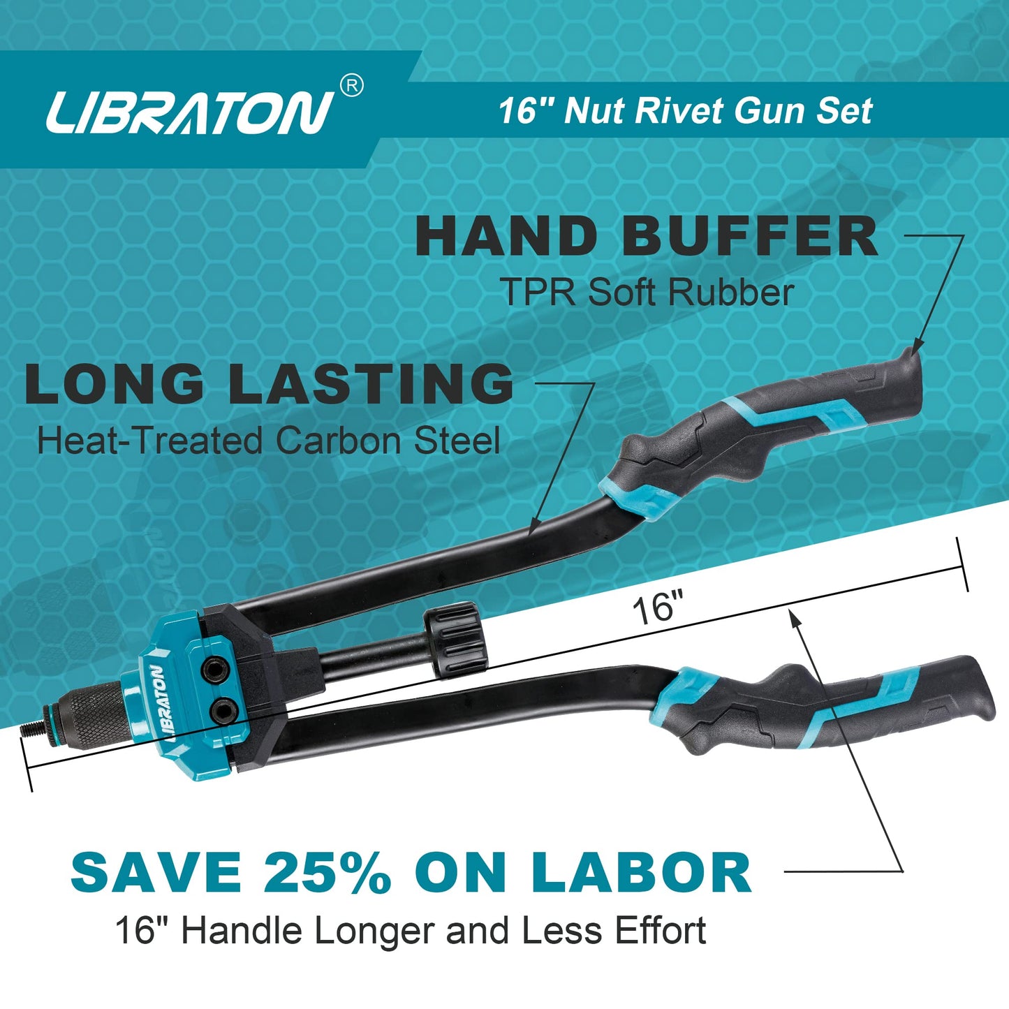 LIBRATON 16" Rivet Nut Tool, Rivet Nut Gun, Hand Rivet Nut Setter with 110PCS Rivet Nuts, 11PCS Metric & SAE Interchangeable Mandrels and Carrying Case, Easy Replace