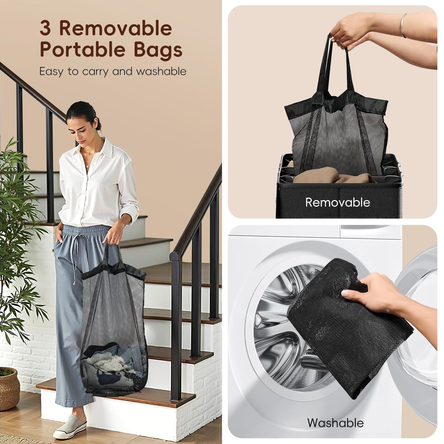 Vexalora 185L Laundry Hamper 3 Section, Laundry Hamper with Lid, Dirty Clothes Hamper with 3 Removable Washing Bags, Extra Large Laundry Basket Organizer for Bedroom, Laundry Room, Dorm - Black