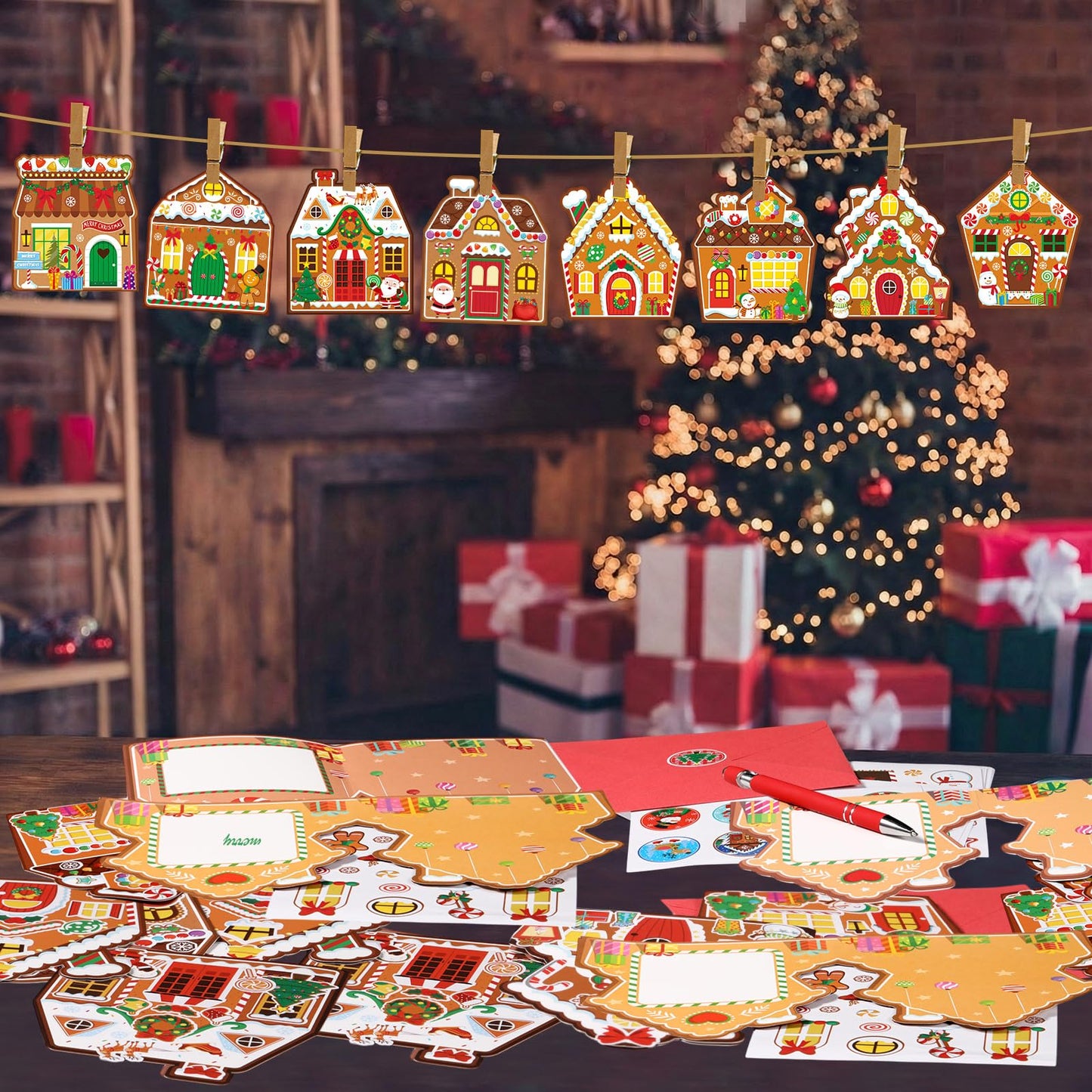 Moinchore 32 Pack Christmas Cards Gingerbread House Crafts DIY Cards with Envelopes Christmas Gingerbread Crafts Kit Christmas Greeting Cards Xmas Stickers Cards DIY for Kids Christmas Party Supplies