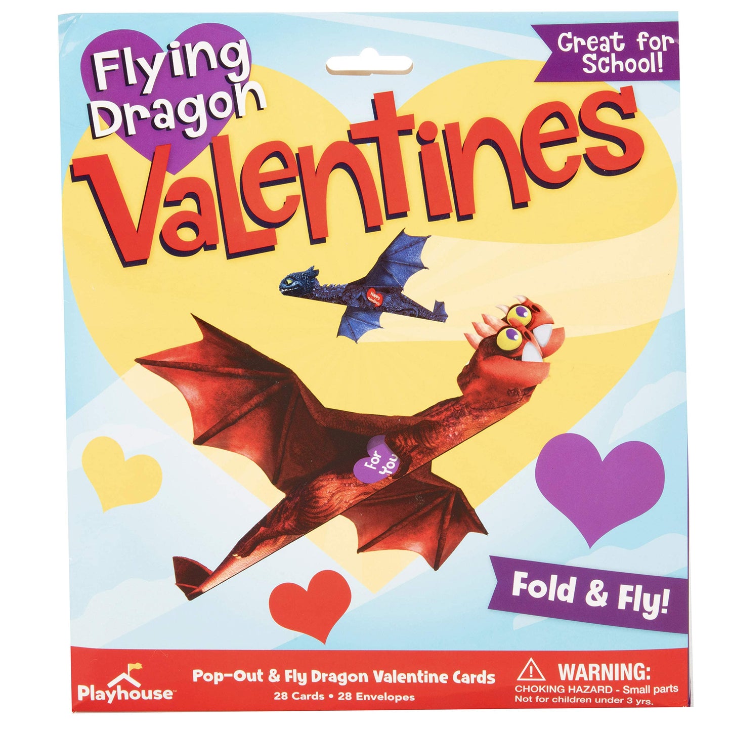 Flying Dragons Valentines Day Cards for Kids, 28 Card Pack & Envelopes - Fold and Fly Paper Airplanes - Great for School Classroom Parties - Boys & Girls ages 4+