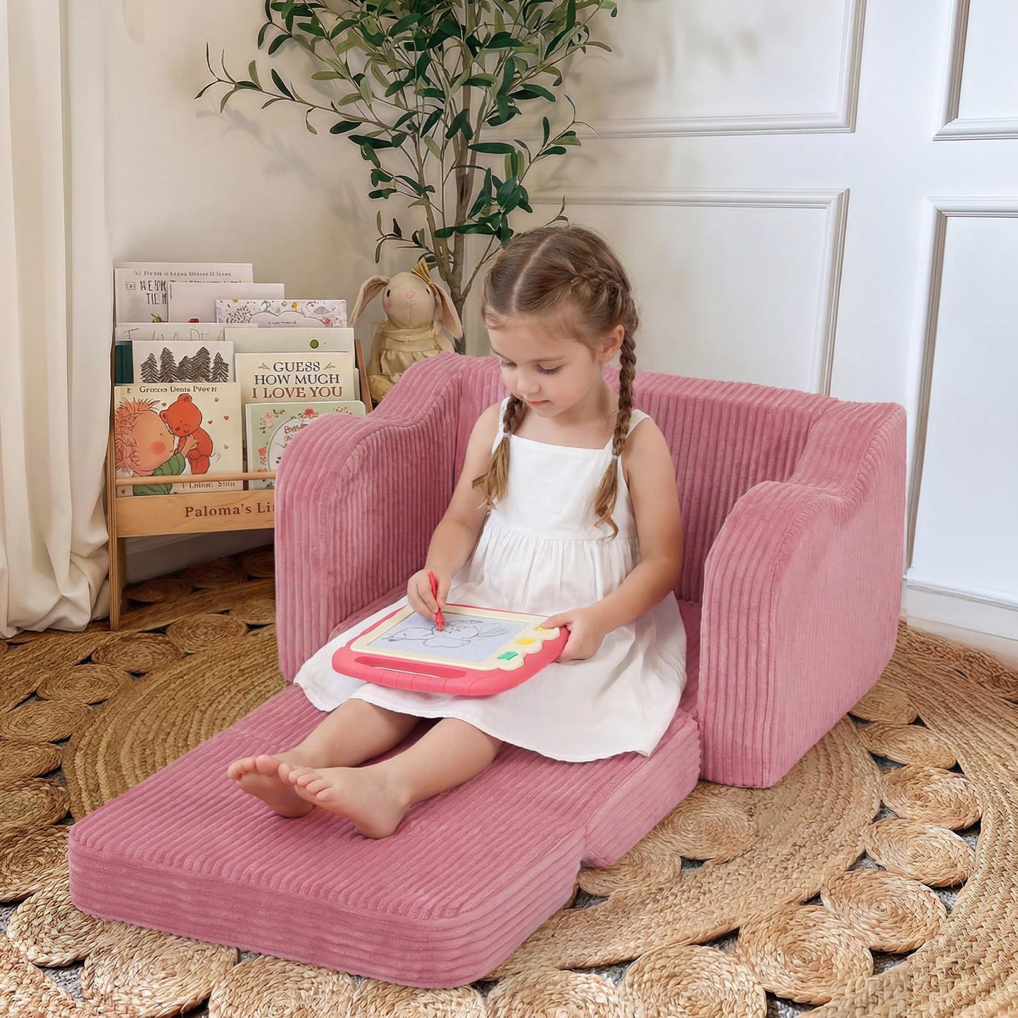 MeMoreCool Corduroy Pink Kids Chair, 2-in-1 Kids Couch Fold Out to Recliner for Girls, Comfy Foam Sofa for Ages 3+ with Washable Cover for Playroom and Bedroom