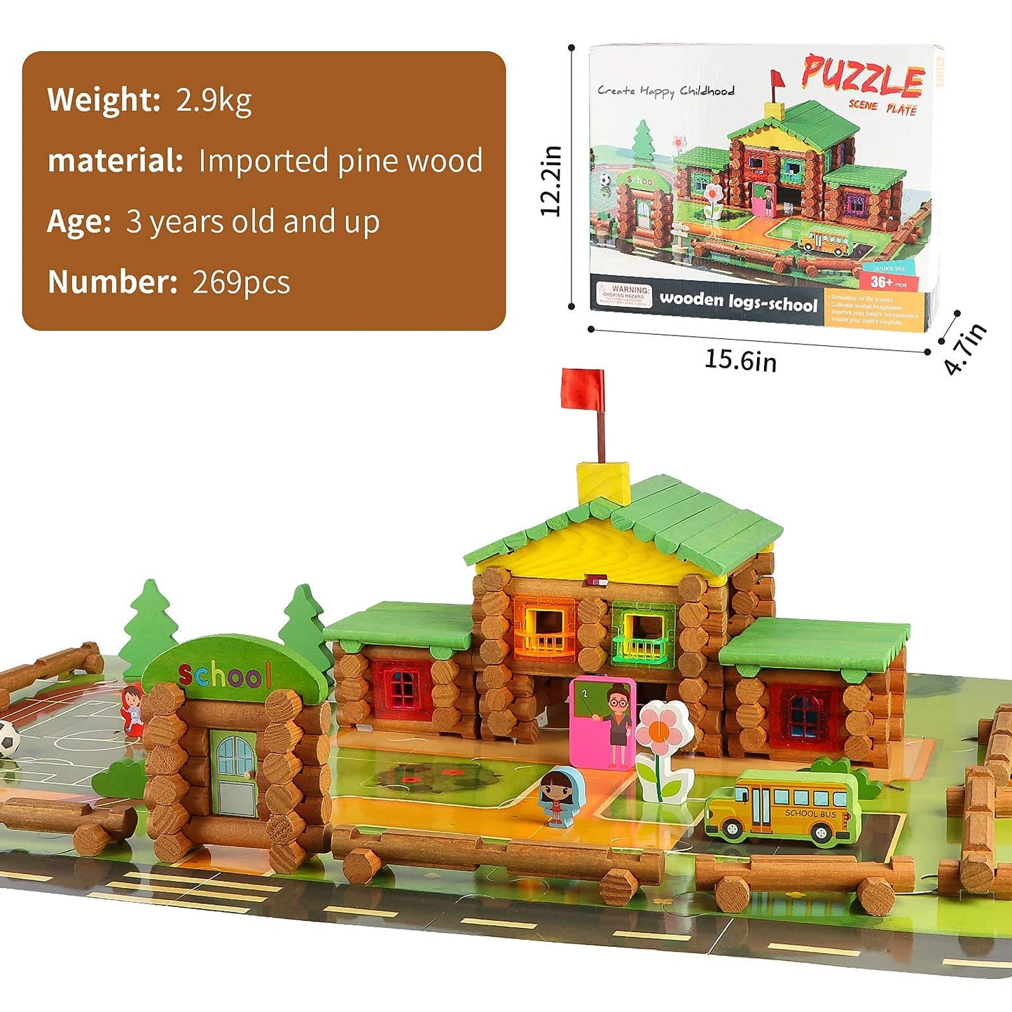 Wondertoys - 269 Pieces Real Wood Log Set Ages 3+ Classic Gift Set for Boys and Girls, Creative Construction Engineering, Top Blocks Game Kit, Toy