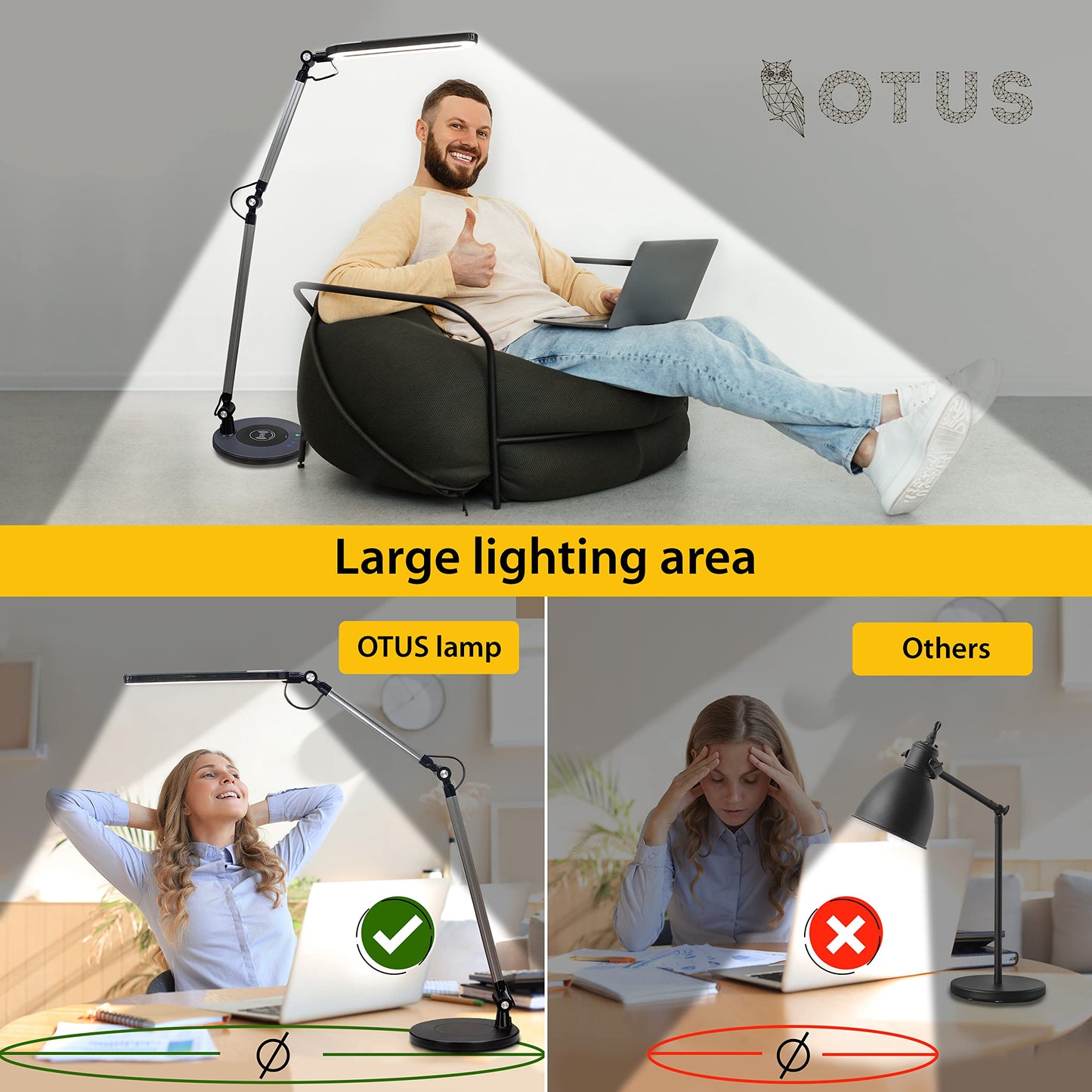 OTUS Led Desk Lamp with Wireless Charger | Architect Desk Lamps for Home Office | Desk Light Swing Arm, Adjustable Color Temp & Brightness | Tall Table Lamp for Work, Reading, Study, Zoom Video Calls