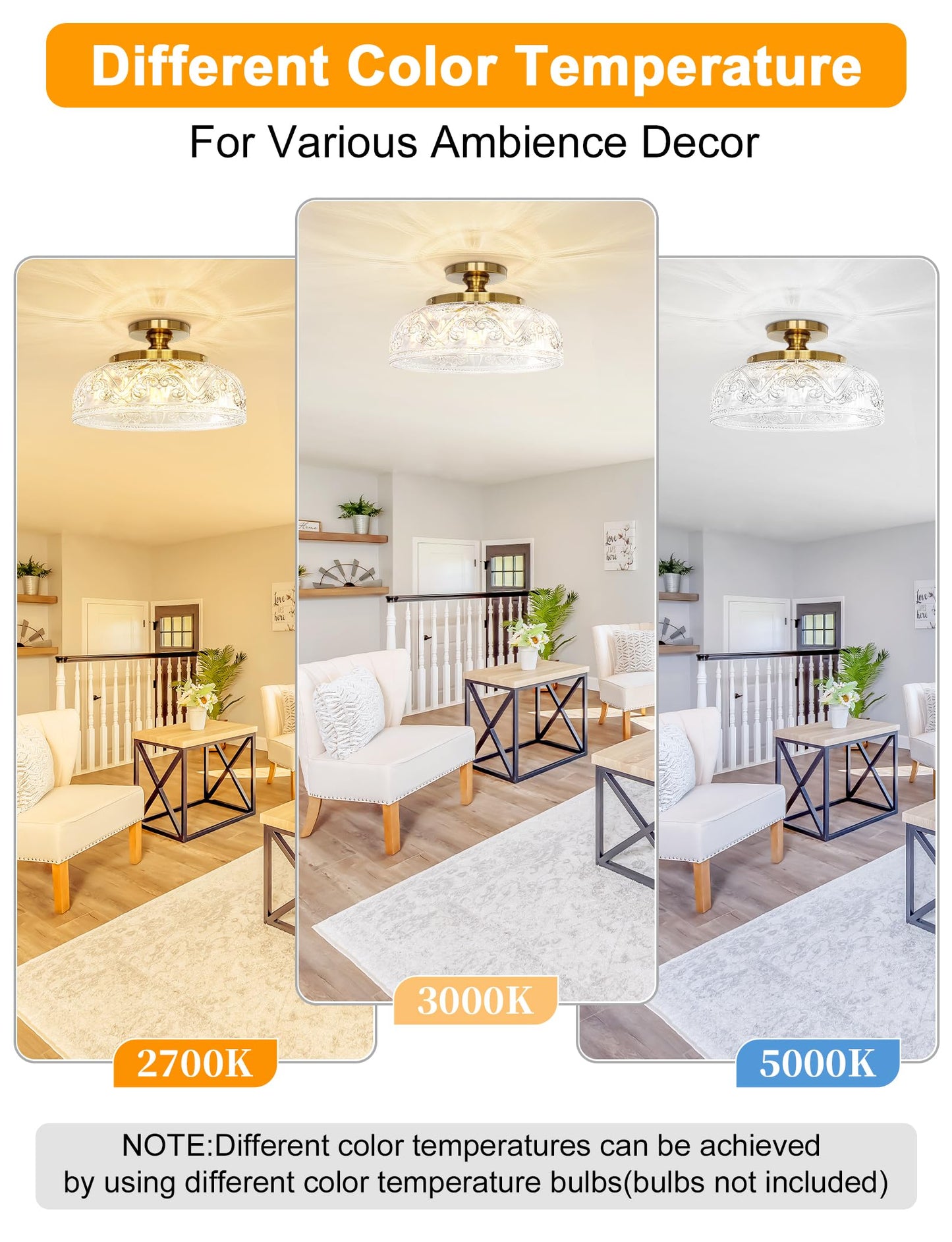 Slypadan Semi Flush Mount Ceiling Light, 12 Inch Large Gold Ceiling Light Fixture, 3-Light Globe Glass Farmhouse Kitchen Lighting Fixtures for Bathroom, Hallway, Dining Room (Bulb Not Included)