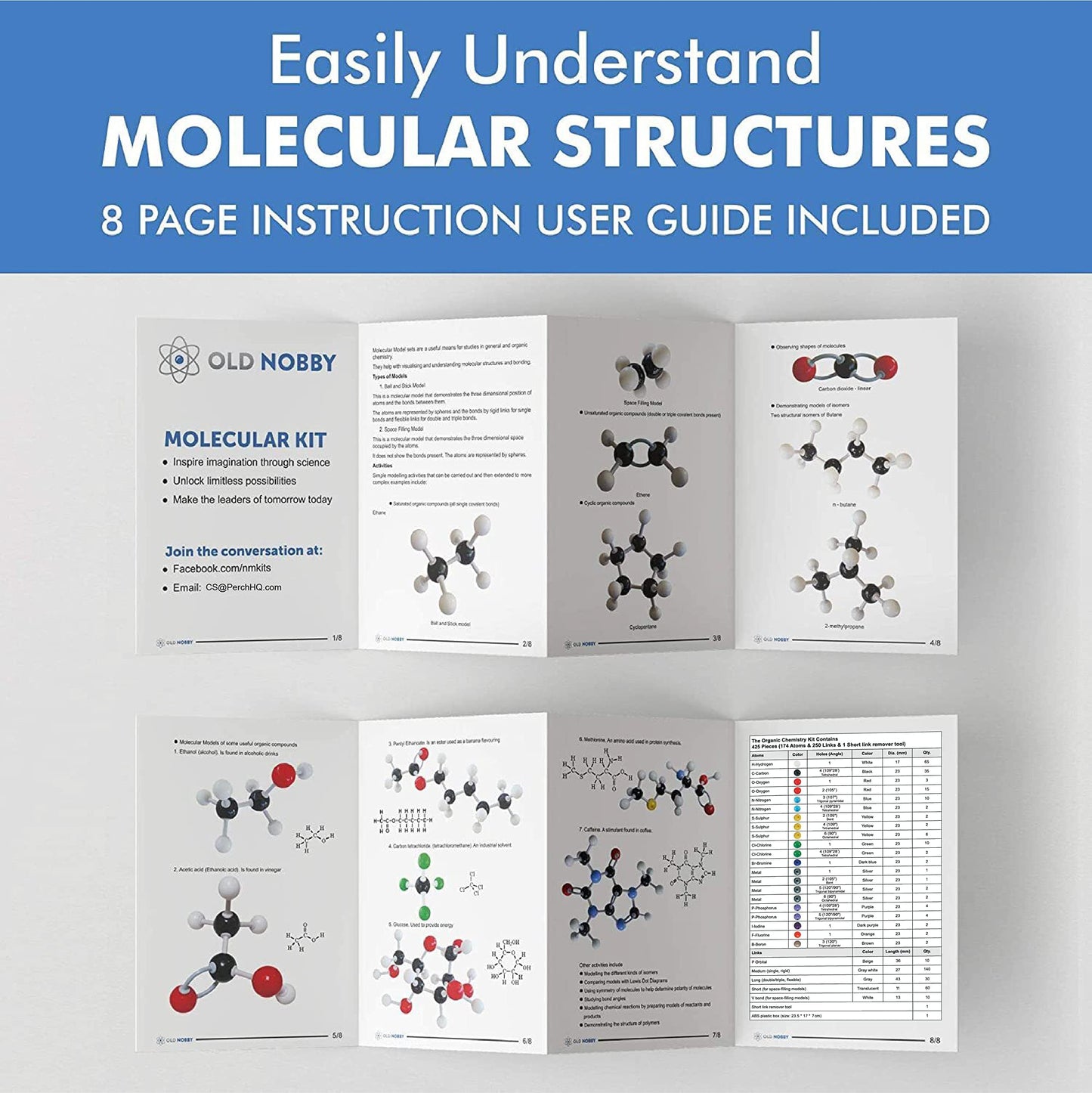 Old Nobby Organic Chemistry Set (425 pc) Molecular Model Kit with Atoms, Bonds, Guide, Bond Removal Tool - STEM Science Kits for Kids Toys Chemistry Set for Students Teachers Young Scientists