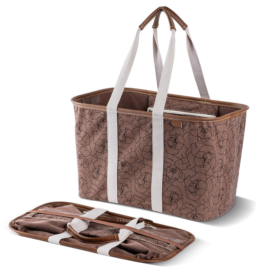 CleverMade Collapsible LUXE Tote, 30L Foldable Grocery Shopping Bag with Structured Frame, Reinforced Bottom & Comfortable Handles, Reusable Car Tote for Errands, Beach, Laundry & Storage, Peony