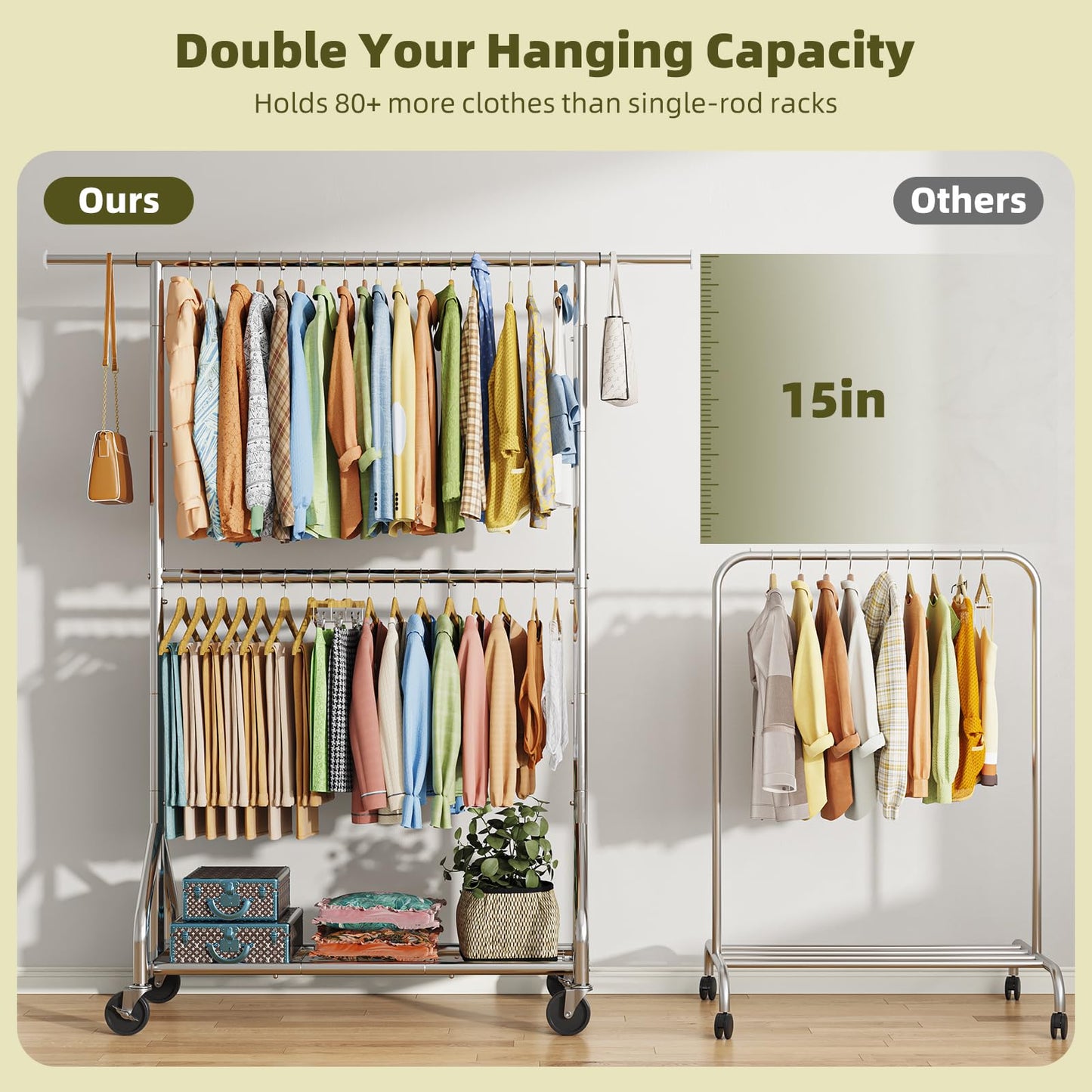Simple Trending Heavy Duty Clothes Rack, Double Rod Clothing Rack for Hanging Clothes, Rolling Garment Racks with Lockable Wheels, for Bedroom Laundry Living Room, Chrome