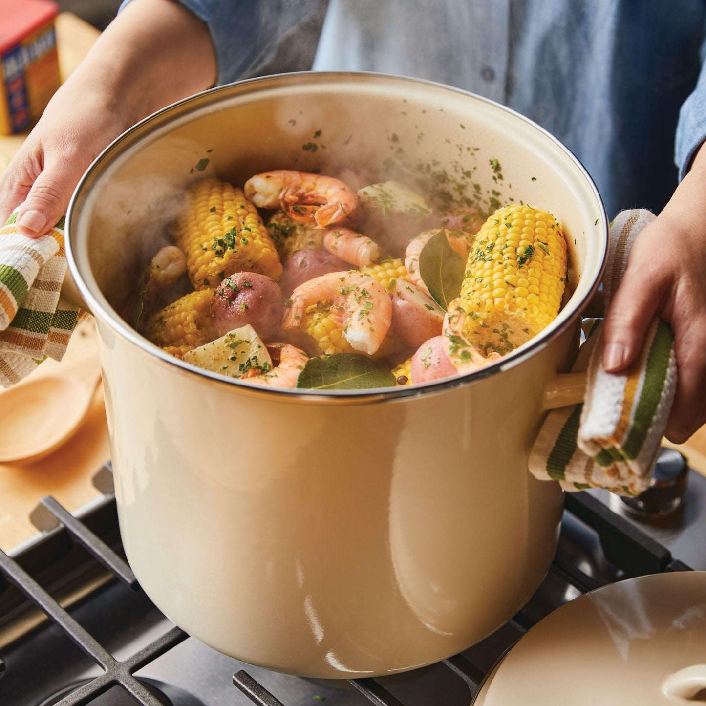 Rachael Ray Enamel-on-Steel Induction Stockpot with Lid, 12-Quart, Almond