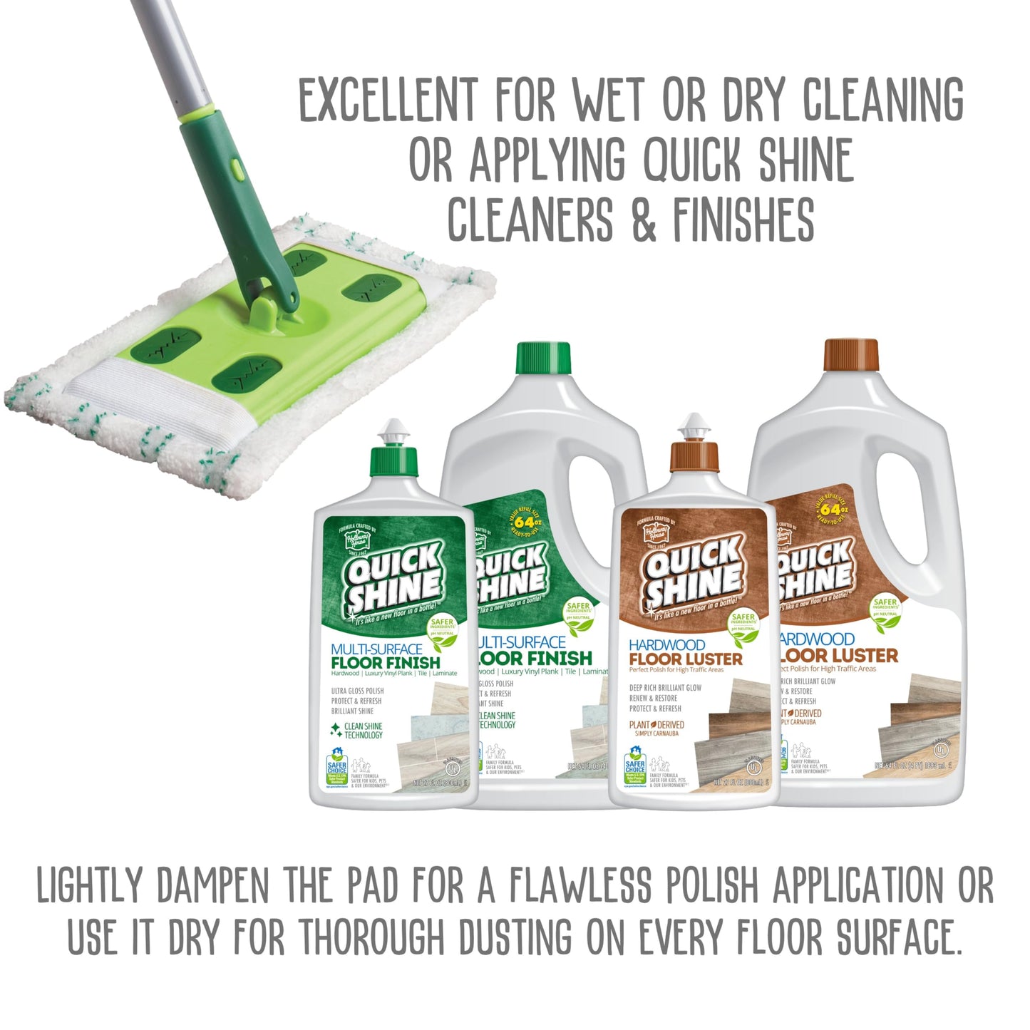 Quick Shine Multi Surface Floor Clean + Polish Mop Kit w/ 3 Reusable Pads & 1-16 oz. Floor Finish | Use Wet + Dry | Hardwood, Luxury Vinyl Plank, Laminate | Safer Choice pH Neutral Formula
