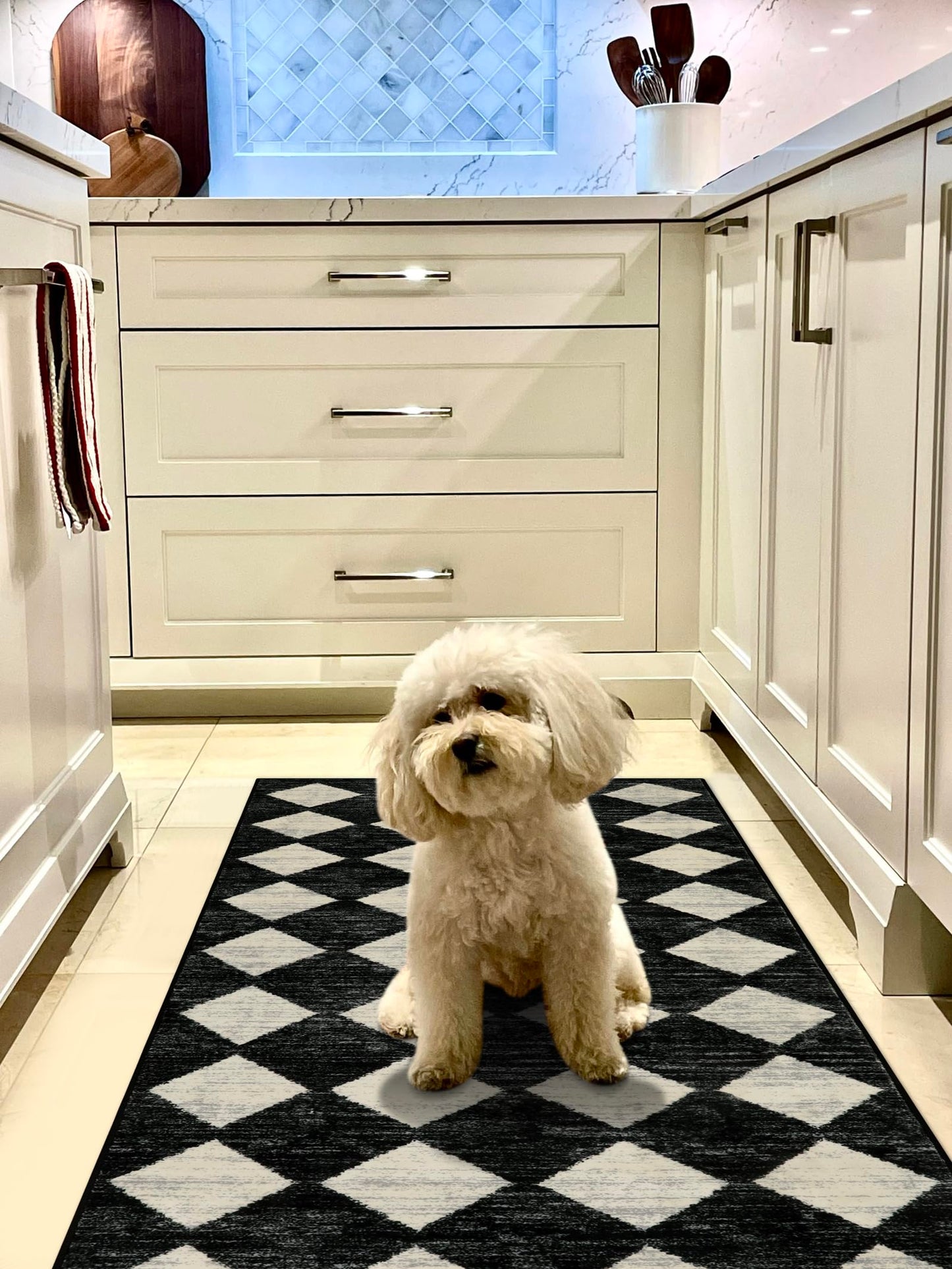 Lahome Zelie Washable Kitchen Runner Rug, 2x7 Black and White Hallway Bathroom Runner Rugs, Moroccan Trellis Soft Non Slip Stain Resistance Carpet Runners for Entryway Bedside