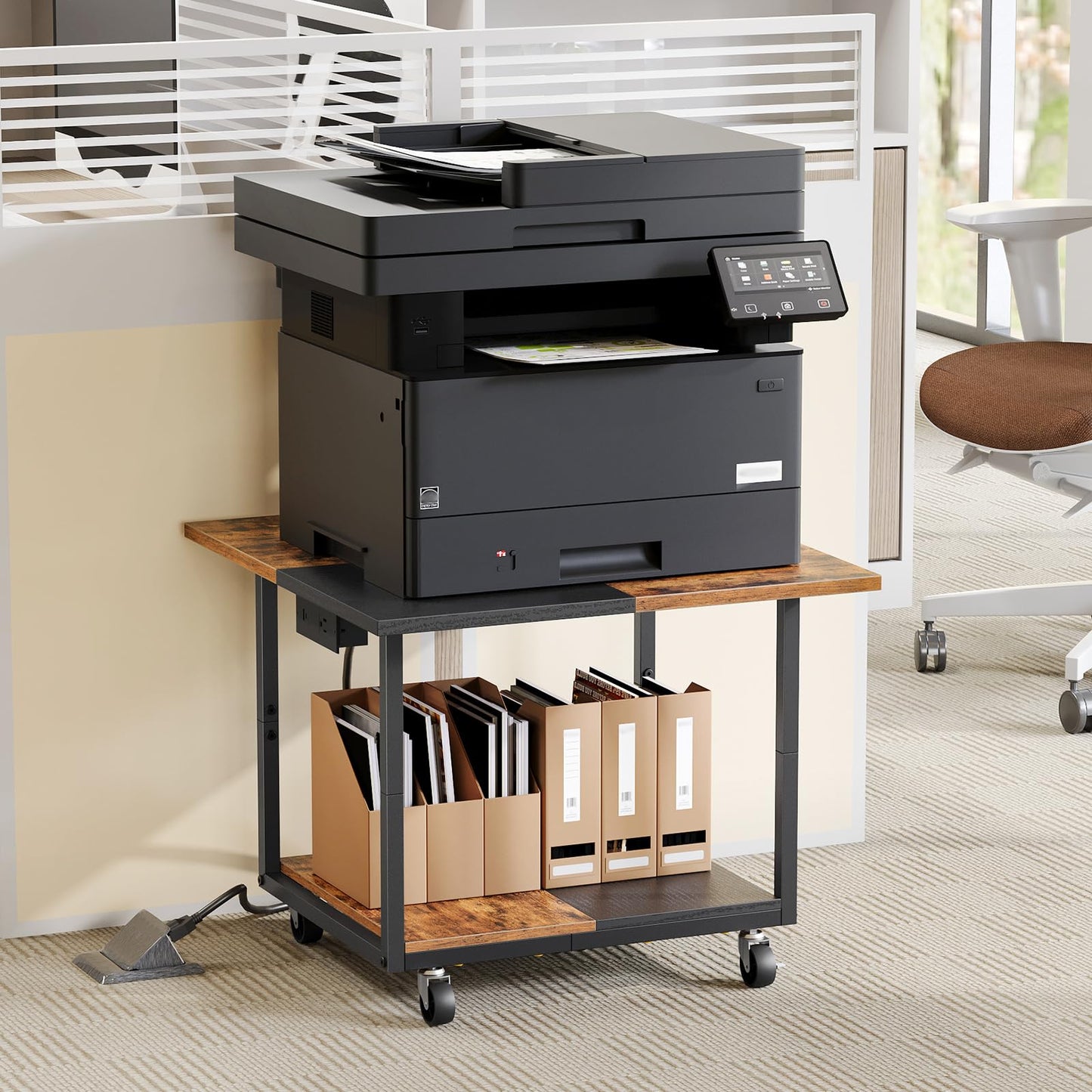 HOOBRO 23.6"×23.6" Large Printer Stand, Printer Table with Charging Station, Printer Cart on Wheels, Rolling Cart, for Office, Living Room, Rustic Brown and Black BF14UPS01