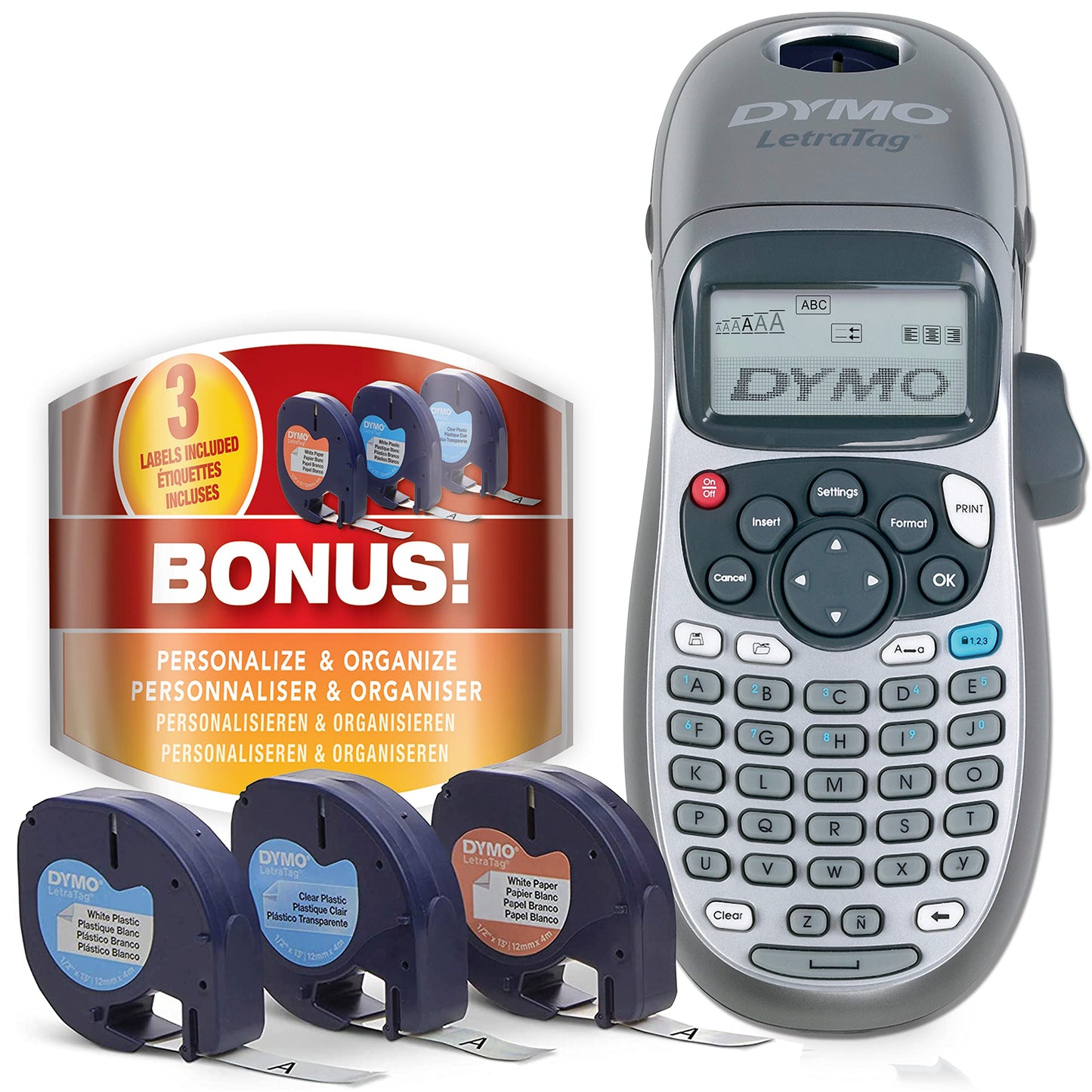 DYMO Label Maker Machine with 3 Tapes - 100H LetraTag Handheld, Includes 3 LT Label Tapes, Perfect for Home & Office Organization