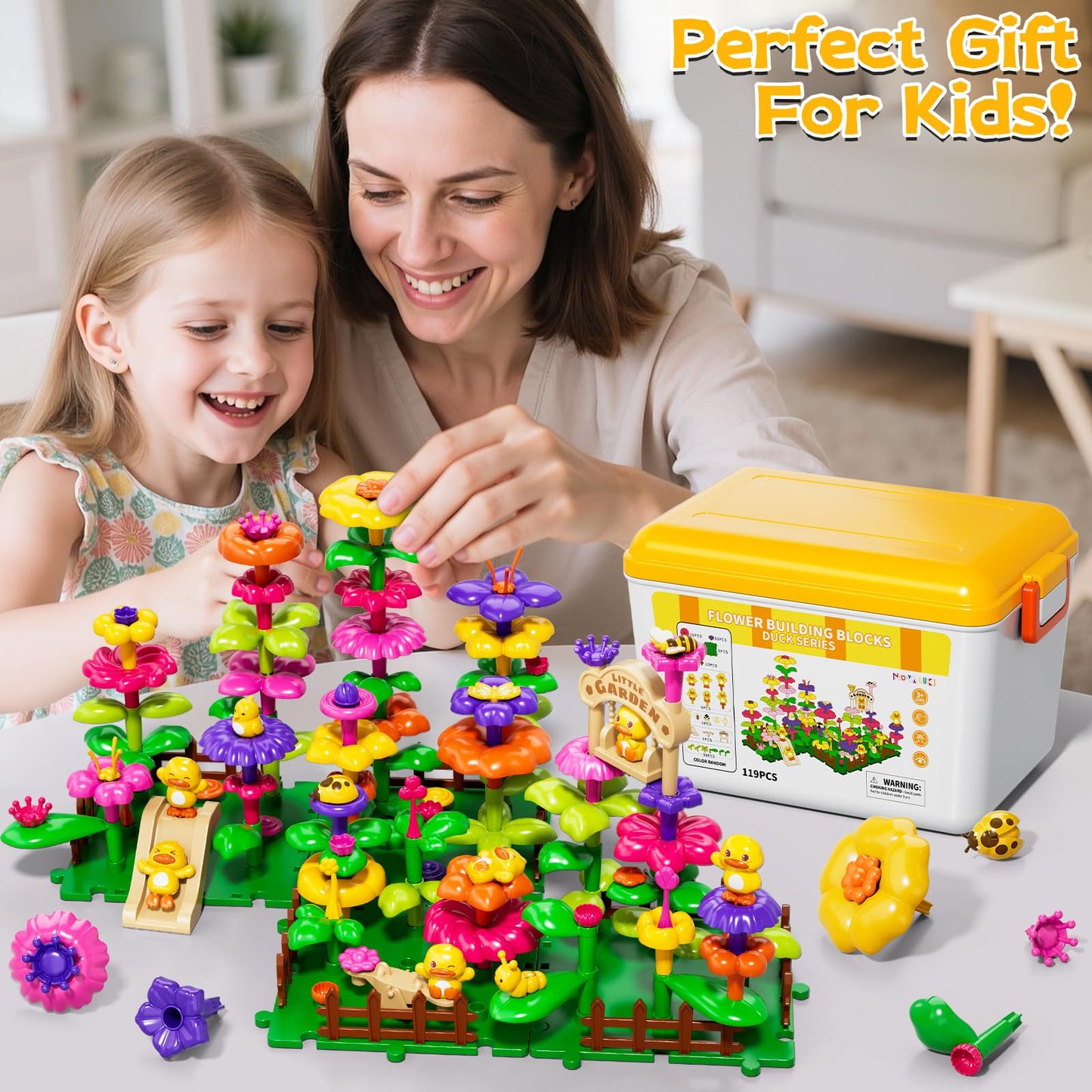 Flower Garden Building Toys for Toddler 3 4 5 6 7 Years Old, DIY Stacking Toys with Storage Box, Kids STEM Preschool Educational Toy, Christmas Birthday Gift for Girls Ages 3-5