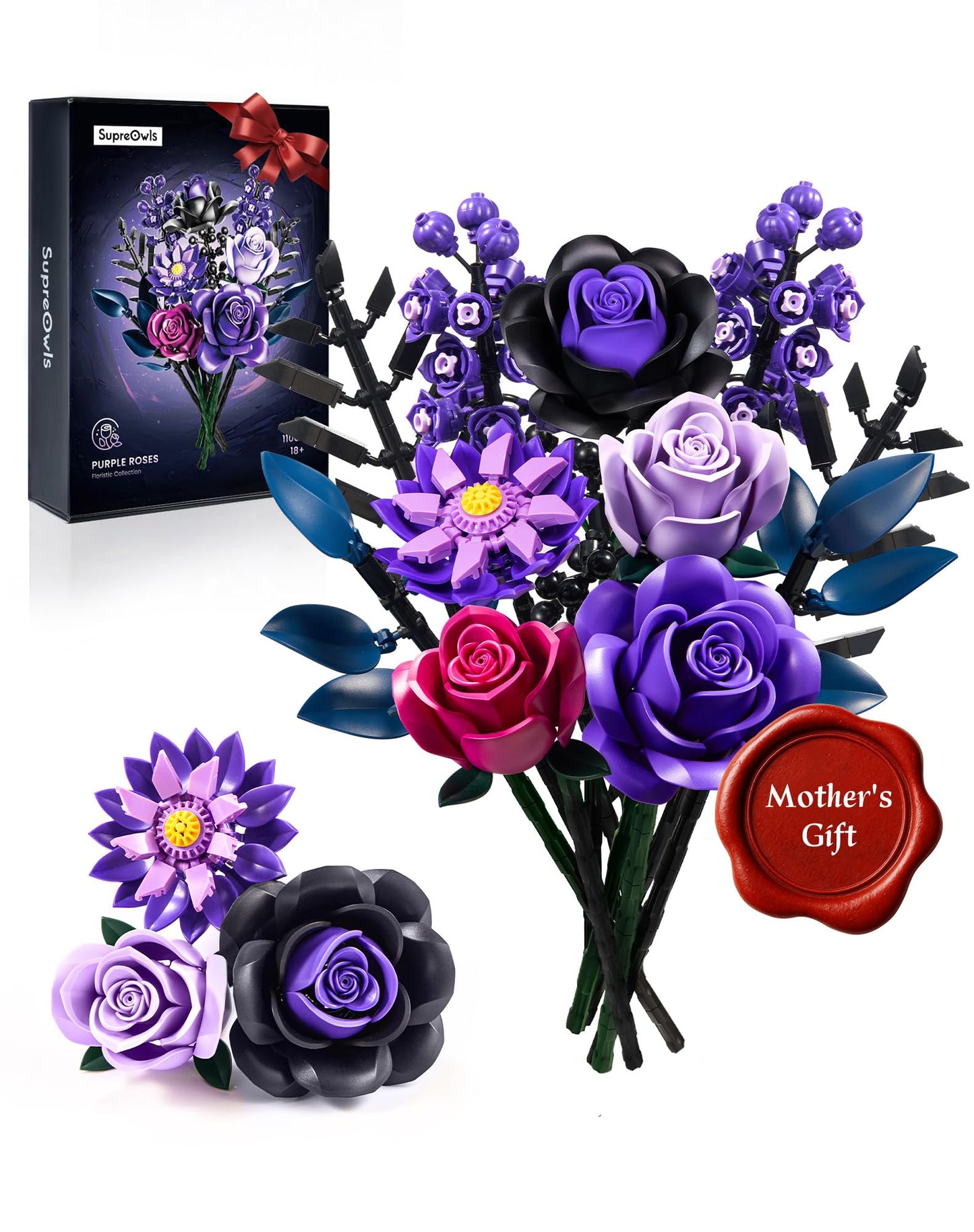 Purple Flower Bouquet Building Set, Rose Botanical Collection Blocks Kit Compatible with Lego for Adults Women, Artificial Flowers Gothic Decor for Valentines Day (736PCS)