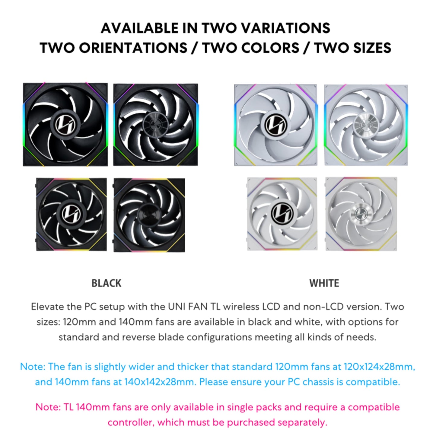 Lian Li UNI Fan TL - LCD Wireless 120 - Single Pack - 2.4 GHz Wireless Signal RGB & PC Case Fan - Infinity Mirror Design - LCD Display - Controller NOT Included & Required - Black (12TLLCD1W1B)