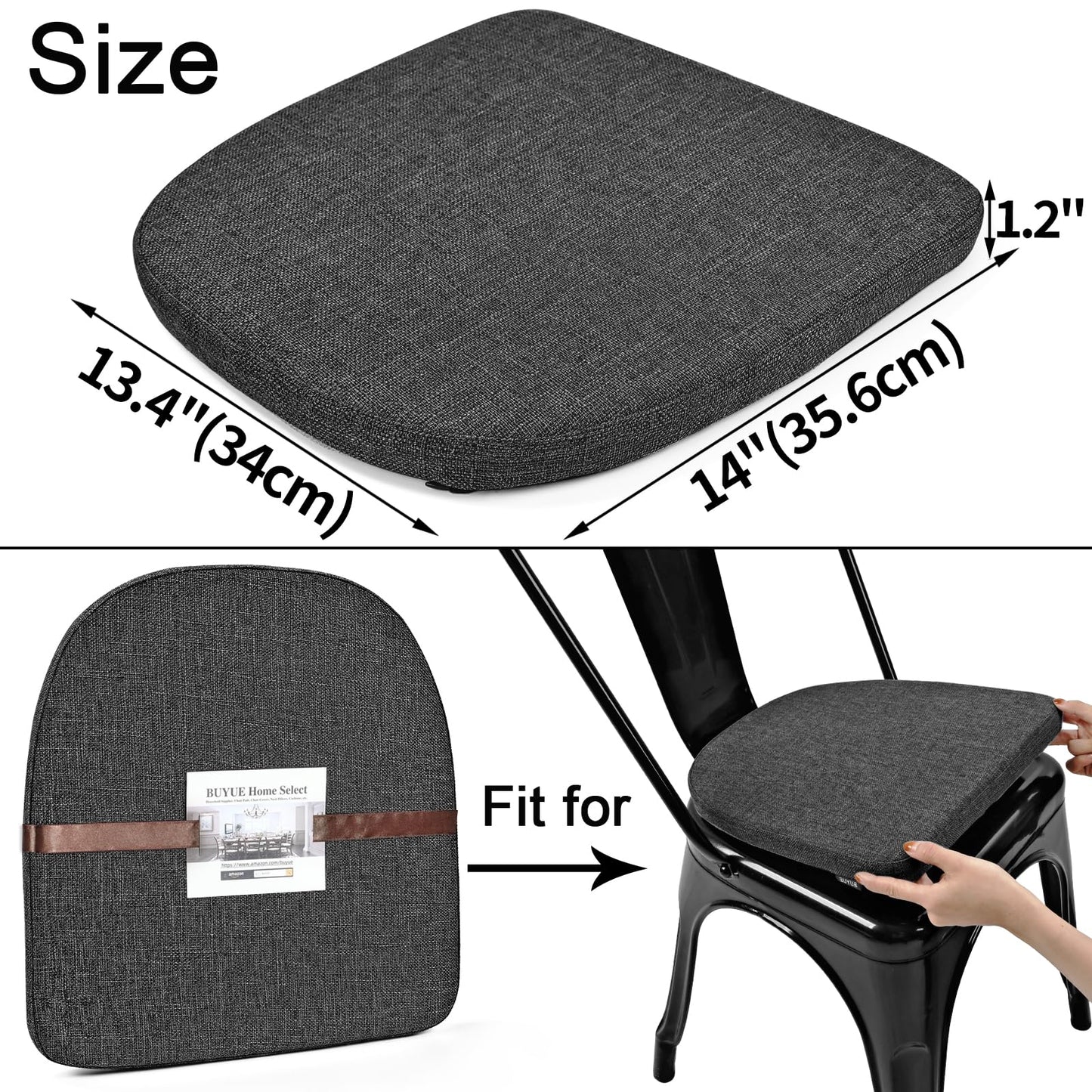 BUYUE Friendly Woven Fabric 14x14 Magnetic Cushions for Metal Chair Set of 4, Enhanced Anti-Slip Seat Pads for Dining Kitchen Café Stackable Chairs (U-Shape, Dark Gray, 4 Counts)
