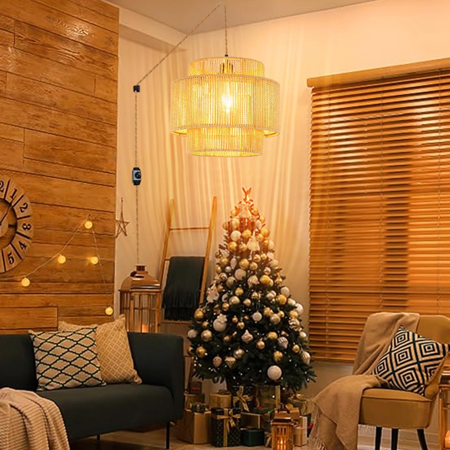 QIYIZM Plug in Pendant Light Hanging Lights with Plug in Cord Hanging Lamp Boho Rattan Dimmable Wicker Bamboo Woven Shade Hemp Rope Ceiling Light Fixture for Living Room Bedroom Kitchen
