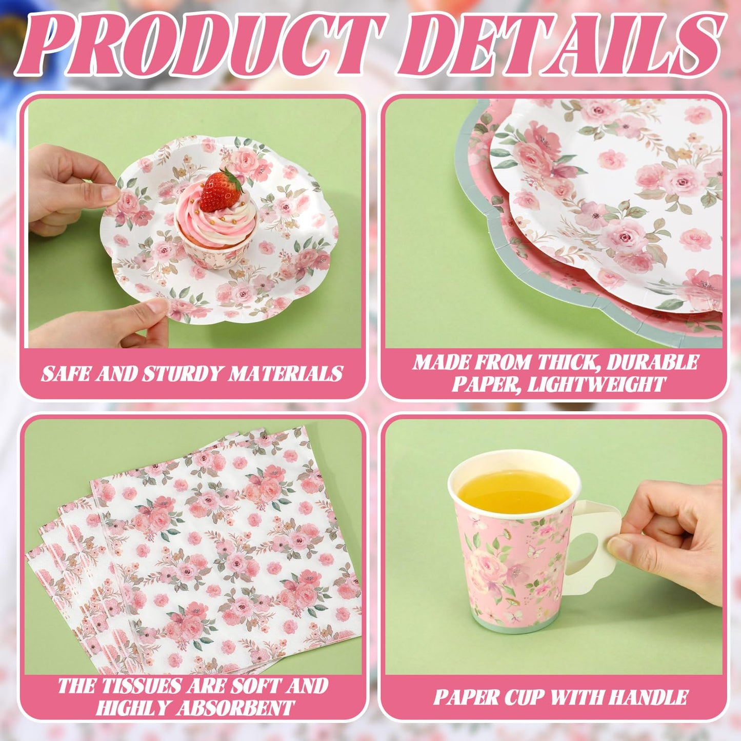 Pickmesh 252 Pcs Pink Floral Tea Party Supplies for 36 Guests Pink Floral Paper Disposable Dinnerware Flower Teacups with Handle and Saucers Set for Tea Party Decorations Birthday Wedding