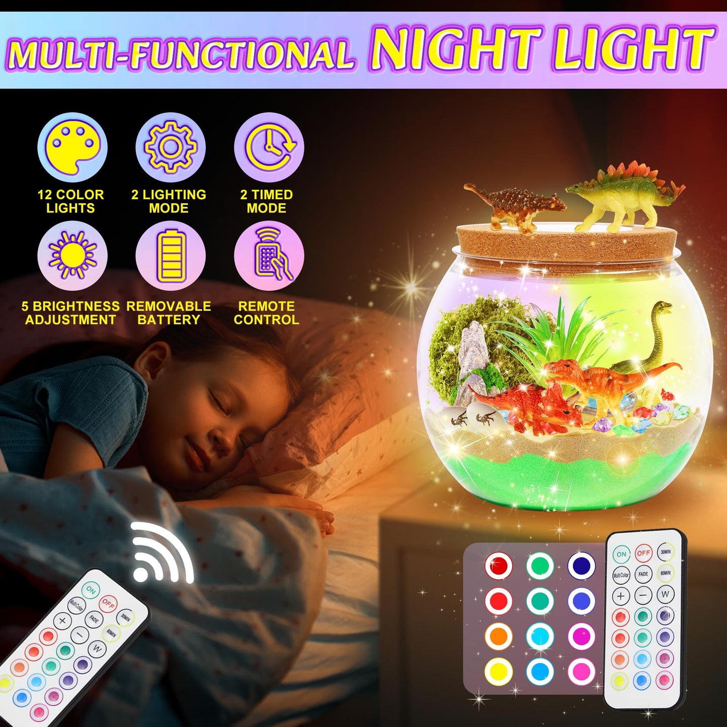 Gifmore Dinosaur Terrarium Kit for Kids with LED Night Light & Remote Control, Dinosaur Toys & Arts and Crafts Kit for Boys Ages 4-12, Creative Birthday Christmas Gifts for Children