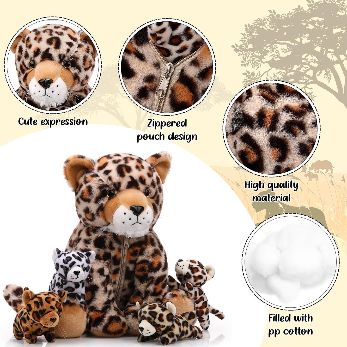 Silipull 5 Pcs Cheetah Stuffed Animals for Kids Large Mommy Cheetah Plush with 4 Baby Leopard Plush Toys in Tummy for Girls Boys Birthday Forest Party Decors(Sitting Style)