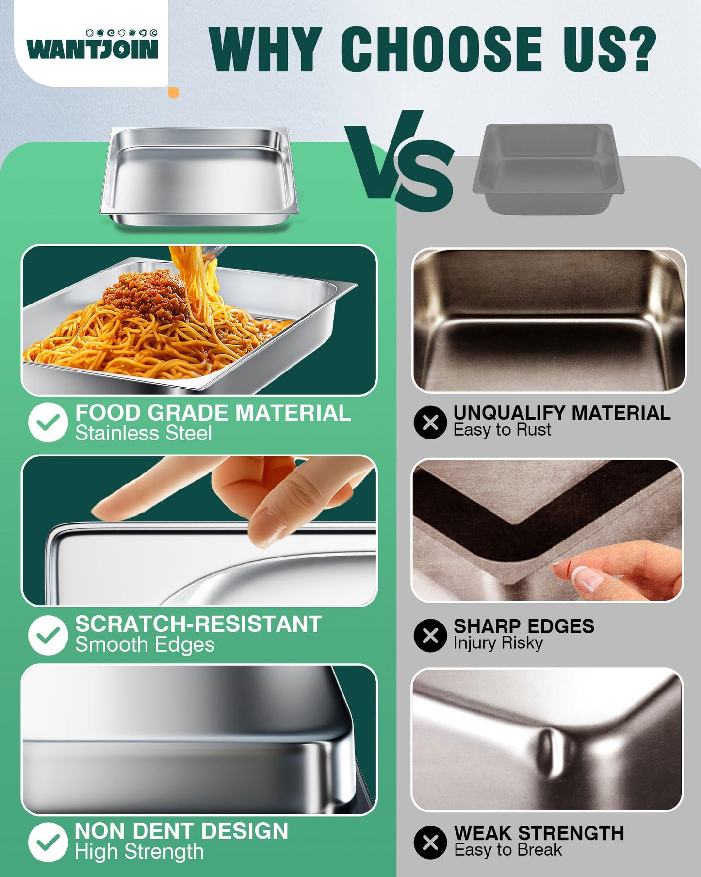 WantJoin Steam Table Hotel Pans 1/1 Full Size 2.5 Inch Deep 6 Pack, Stainless Steel Metal Tray Sets Food Storage Container for Restaurant Chafing Dishes Commercial Buffet Warmer Catering Supplies