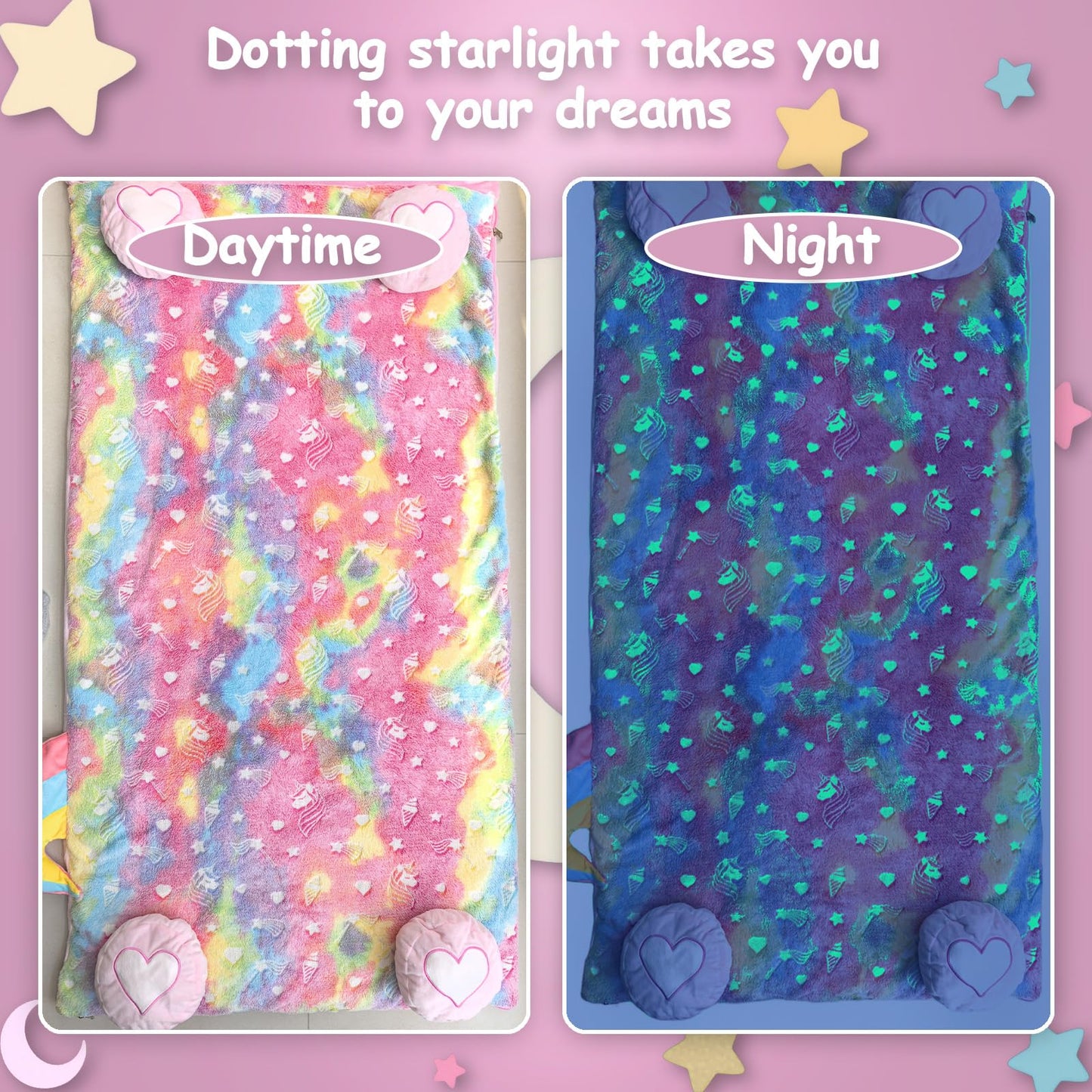 Kids Sleeping Bag, Large Unicorn Slumber Bag for Girls Boys, Portable Nap Mat, Preschool Daycare Kindergarten Birthday Gift 3-12 Yr Child, Pink