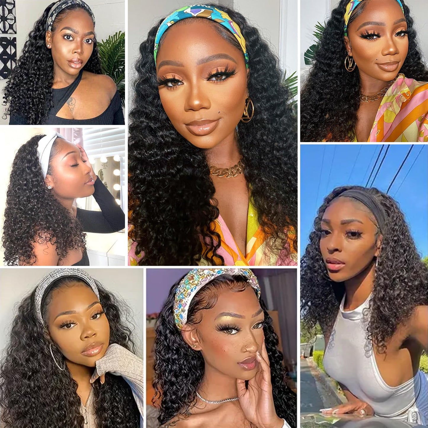 Headband Wig Deep Wave Human Hair Wigs Virgin Hair Wigs Brazilian Remy Hair Glueless Non Lace Front Wig for Black Women Wear and Go Wigs Deep Curly Wave Headband Wig (28 Inch, Natural Color)