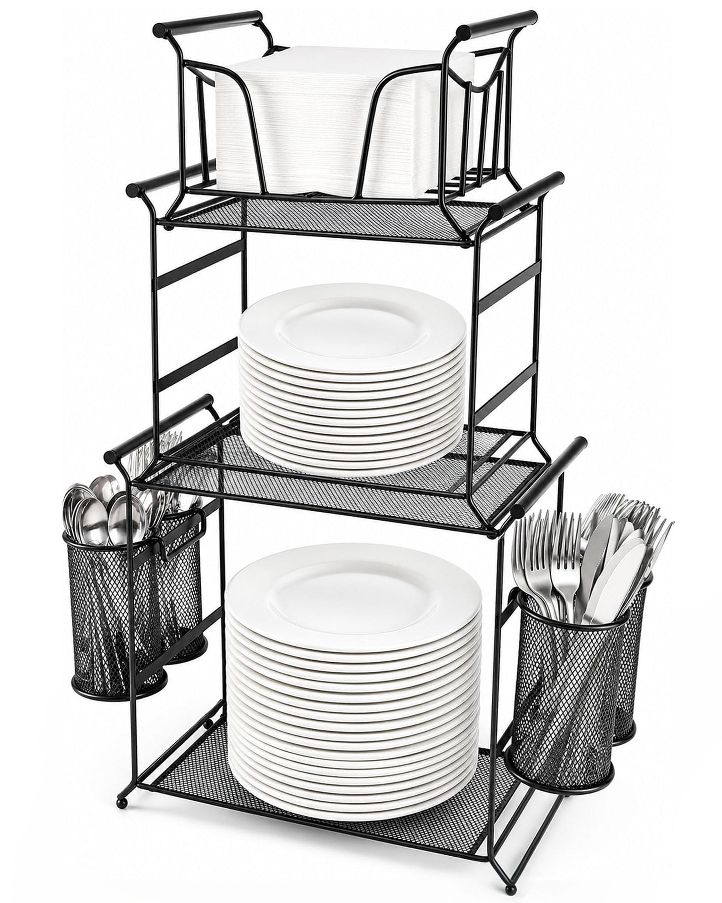 HULISEN 3-Tier Buffet Caddy, 7-Piece Set Stackable Paper Plate and Utensil Holder for Party, Detachable Mesh Silverware Organizer for Countertop, Metal Serving Station for Hosting Party Essentials