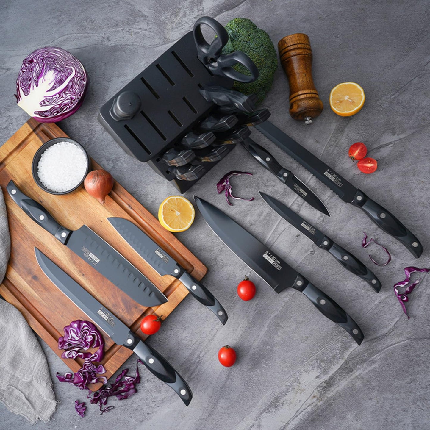 ANDONG 19-Piece Stainless Steel Kitchen Knife Set with Wooden Block & Sharpener - Chef Knives, Dishwasher Safe, Ergonomic Anti-slip Handle for Home Cooking,Black
