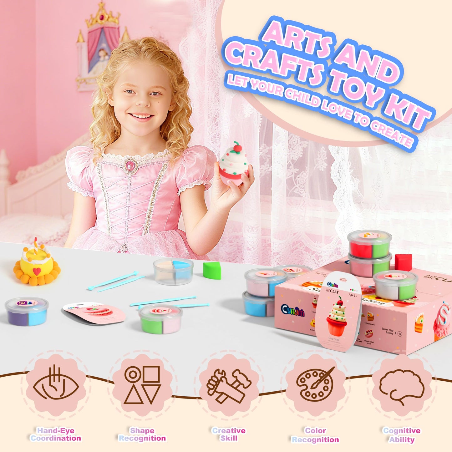 Cyajm Air Dry Clay Sweet Bakery Kit - 12 Dessert Themed Individual Clay Packs, Non-Toxic Ultra-Light Air Drying Modeling Clay with Tools & Guide, DIY Craft Gift for Kids Boys Girls Ages 3+
